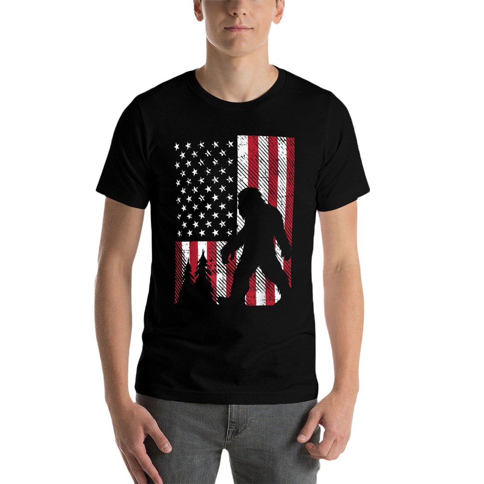 4th July Bigfoot Sasquatch US Patriotic Men Women Kids  Cotton T-Shirt