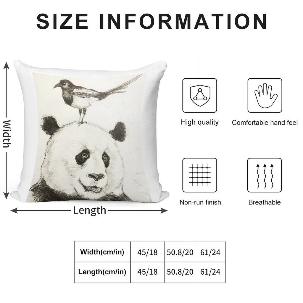 Panda And The Magpie Soft Shrink-Resistant Throw Pillow