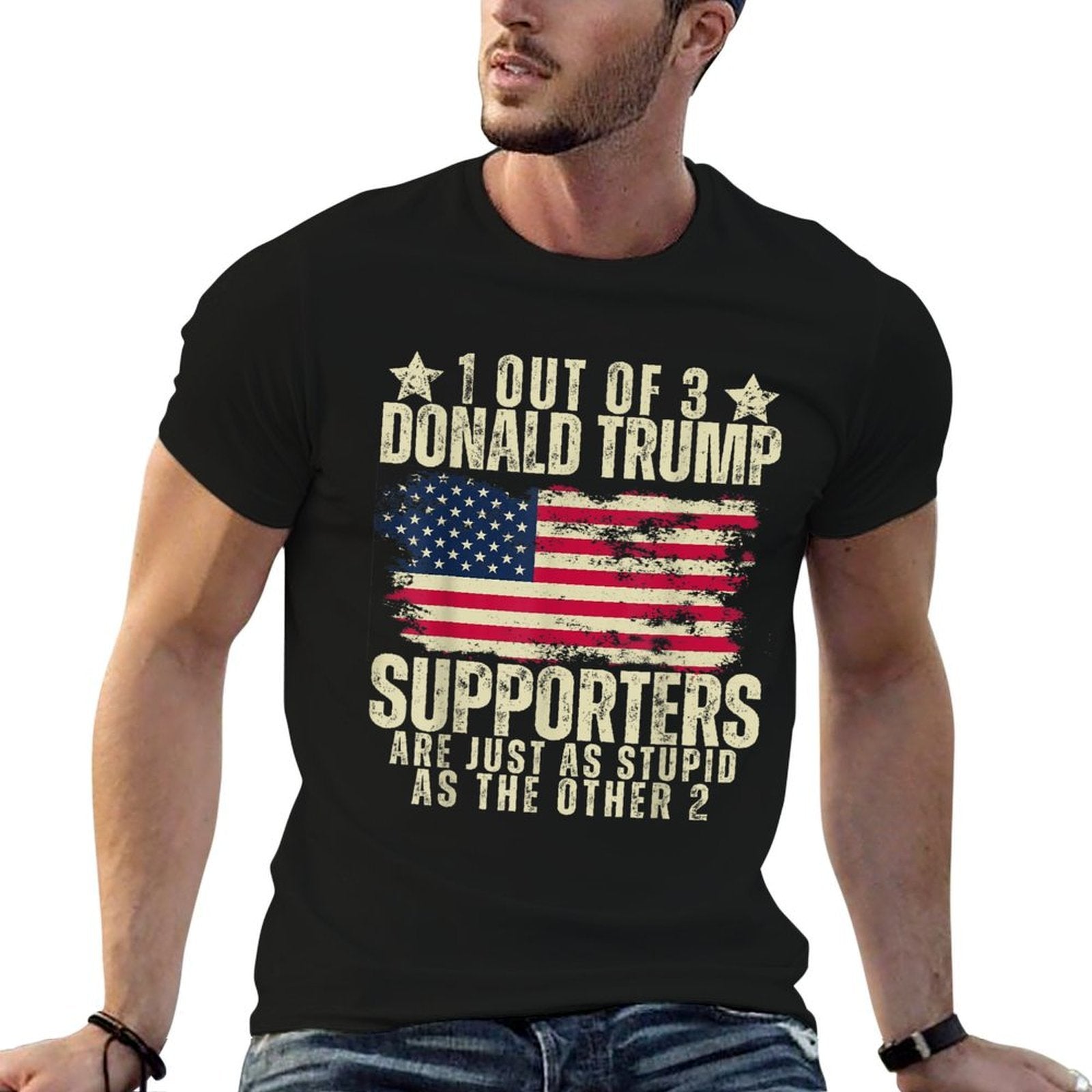 Funny American Voters United States Patriots 2024 1 Out Of 3 Donald Trump Supporters As Stupid As The Other 2, Small  Rolled Sleeves T-Shirt