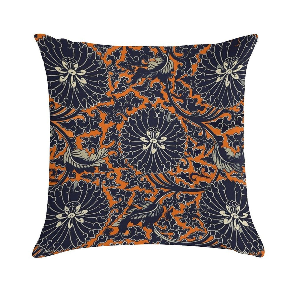 Chinese Peonies with Acanthus Leaves Floral Pattern in Orange And Black Soft Shrink-Resistant Throw Pillow