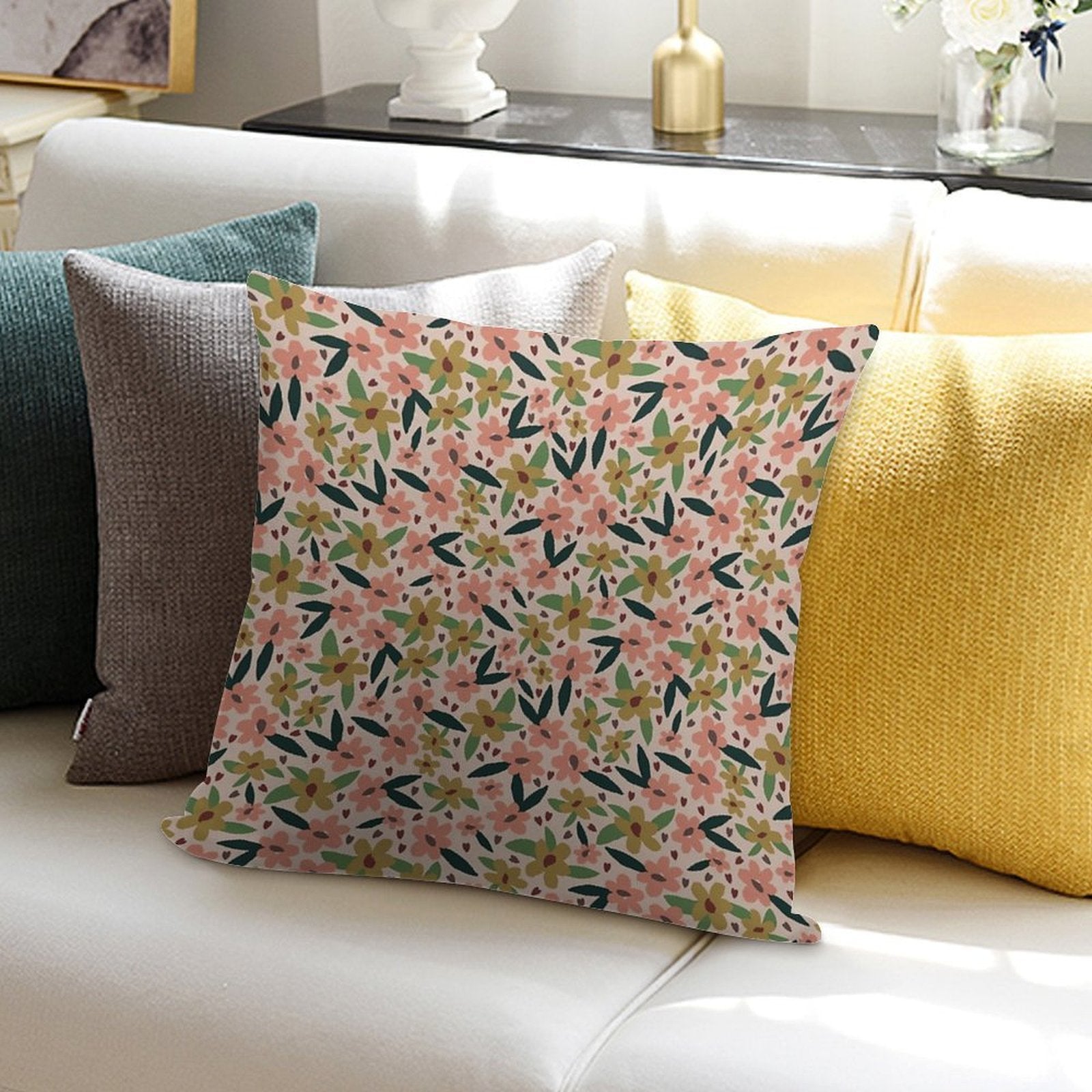 Colorful Spring Pink Green Leaf Flowers Pattern Soft Multiple Sizes Throw Pillow