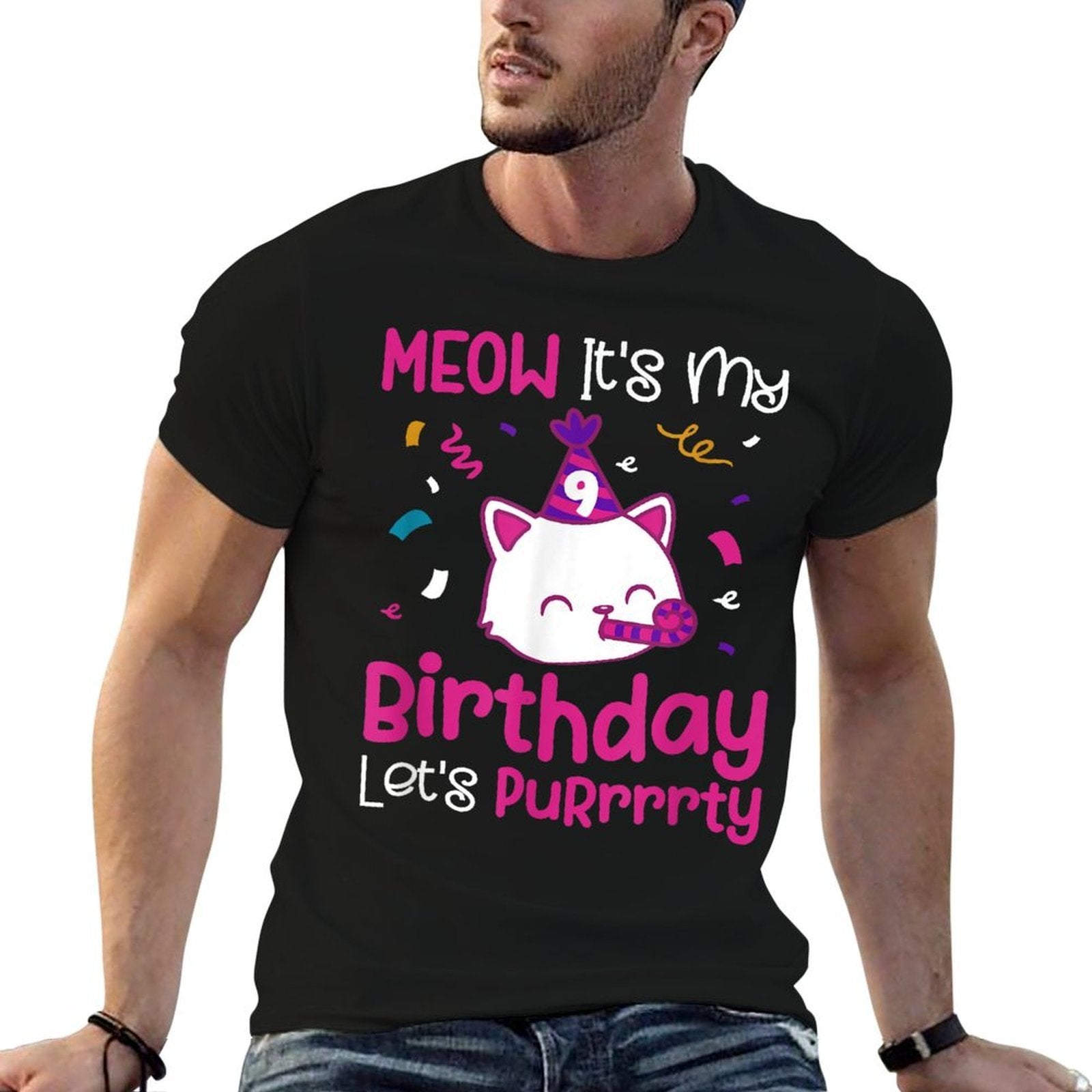 9th Cat Birthday Party Nine Year Old Girl Kitten Birthday  Polyester Blend T-Shirt