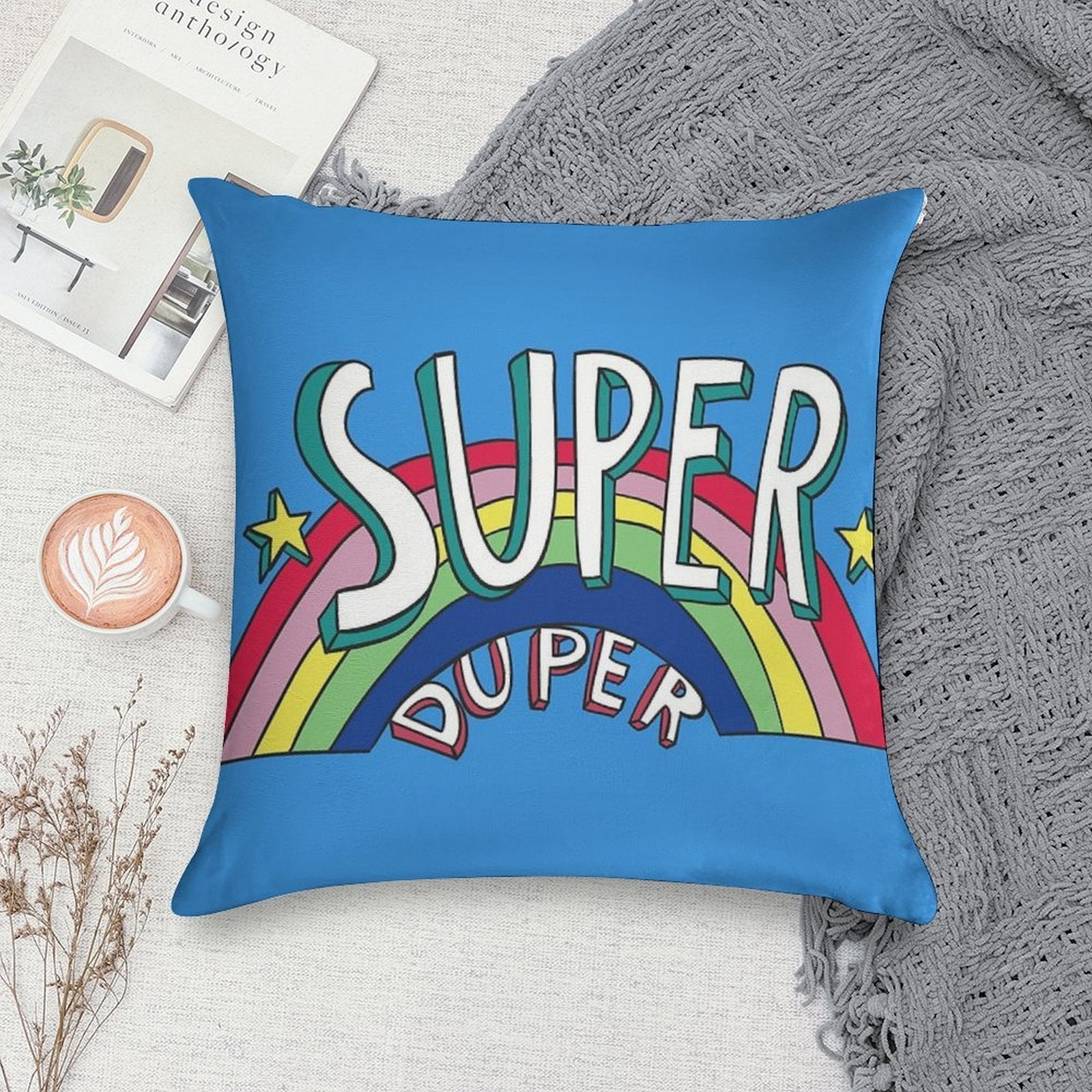 Super Duper Hand Drawn Seventies Style Rainbow Graphic Soft Short Plush Fabric Throw Pillow