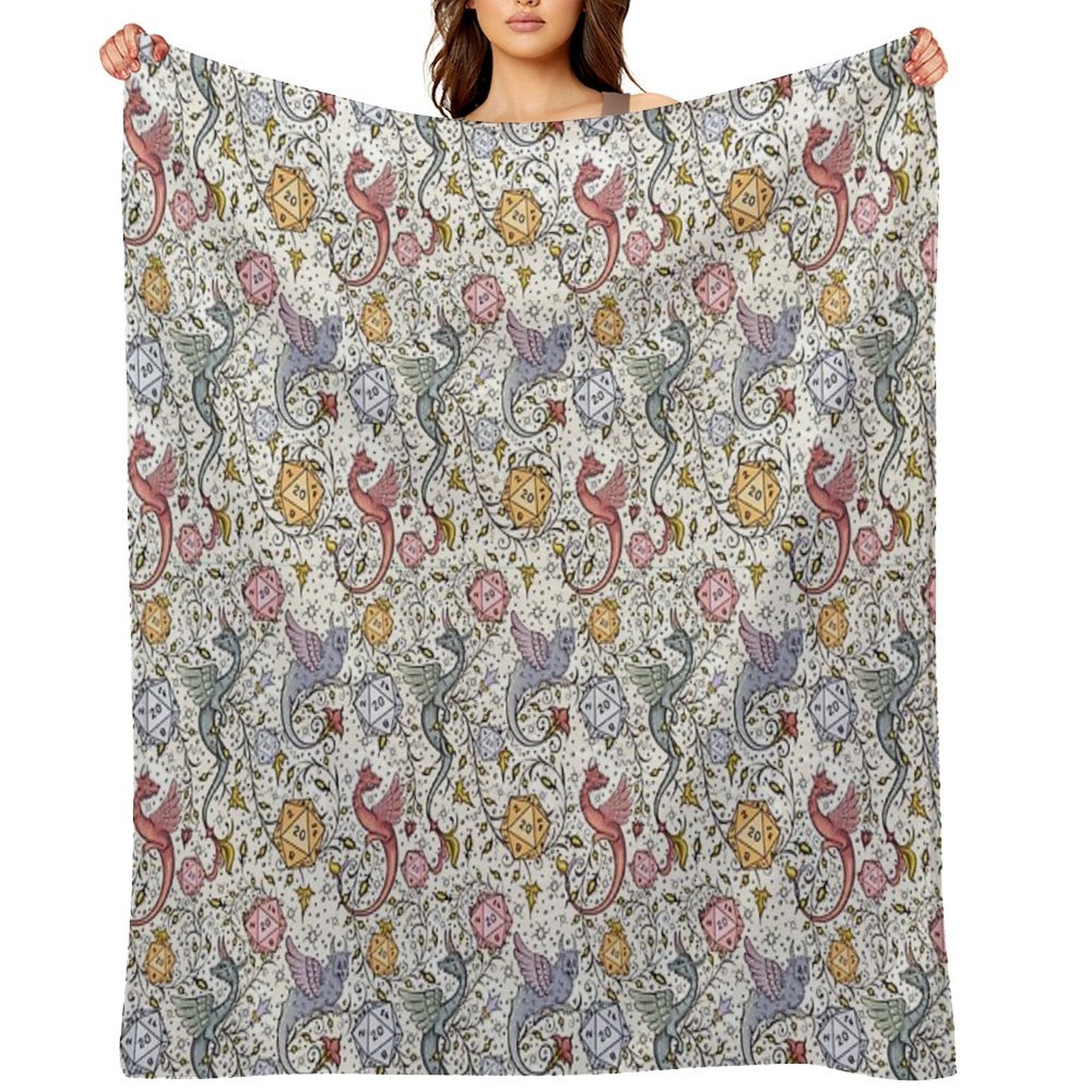 VINTAGE MEDIEVAL DRAGON AND D20 DICE, Dnd Pattern, Floral, Blue, Yellow, Pink Durable Throw Blanket