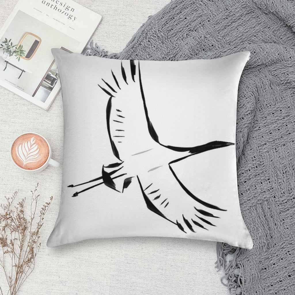 Japanese Crane in Flight Soft Short Plush Fabric Throw Pillow