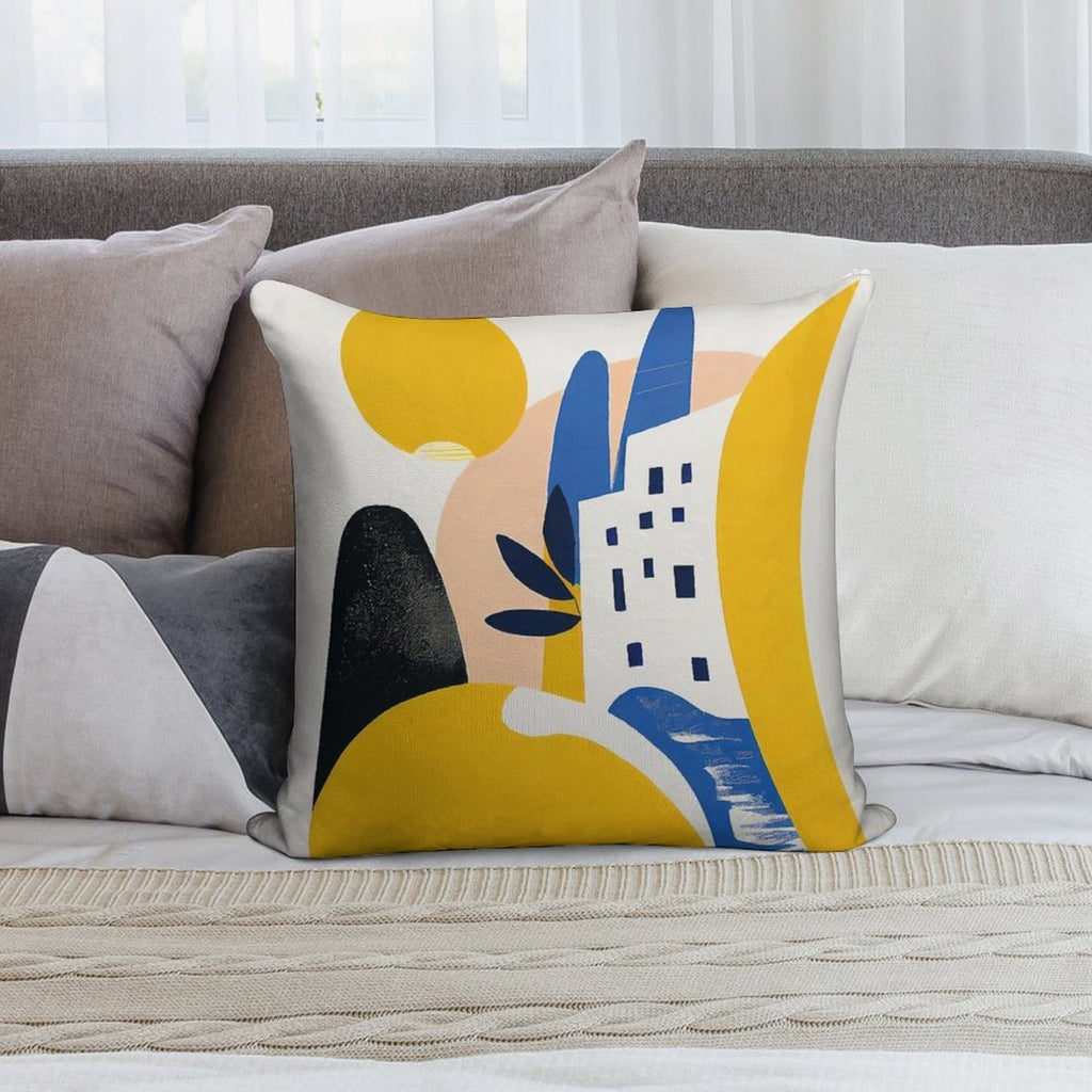 Abstract Mediterranean Desert City Yellow Blue Mid-Century Modern Boho Soft Fade-Resistant Throw Pillow