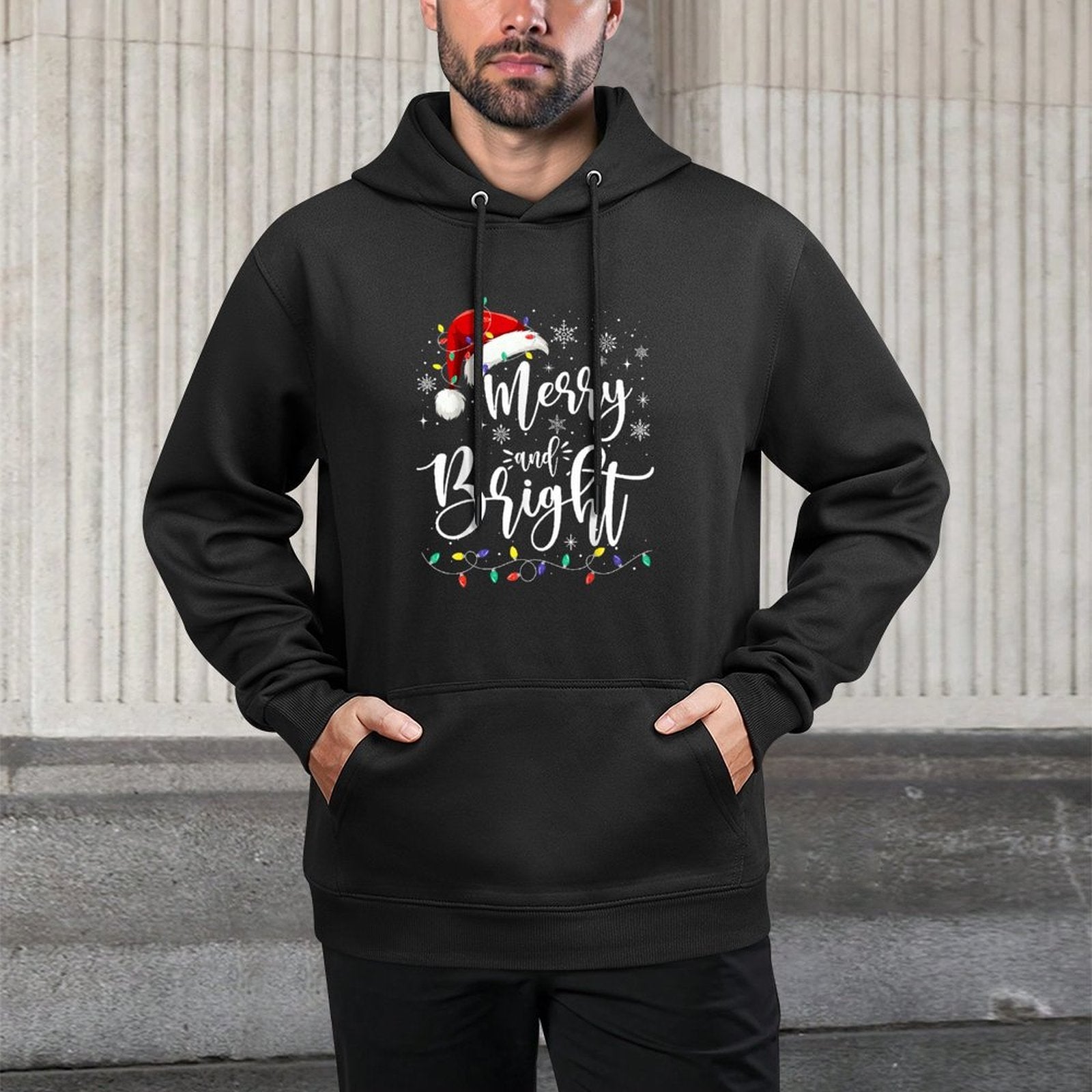 Merry And Bright Lights Red Santa Hat Xmas Family Men Women Colorfast Hoodie