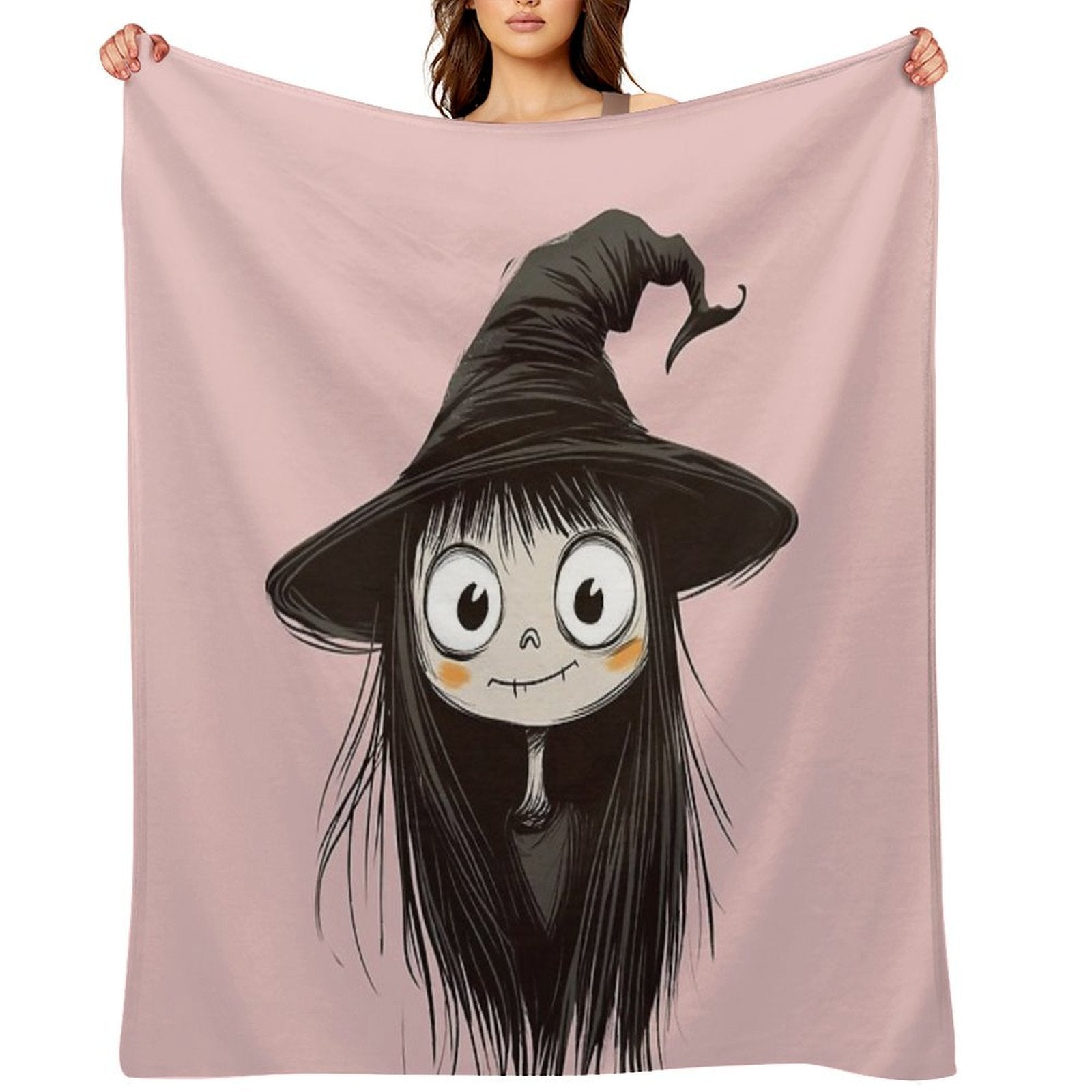 Spooky-Cute Witch in Sketch Style – Big Witch Hat & Big Eyes Travel-friendly Throw Blanket