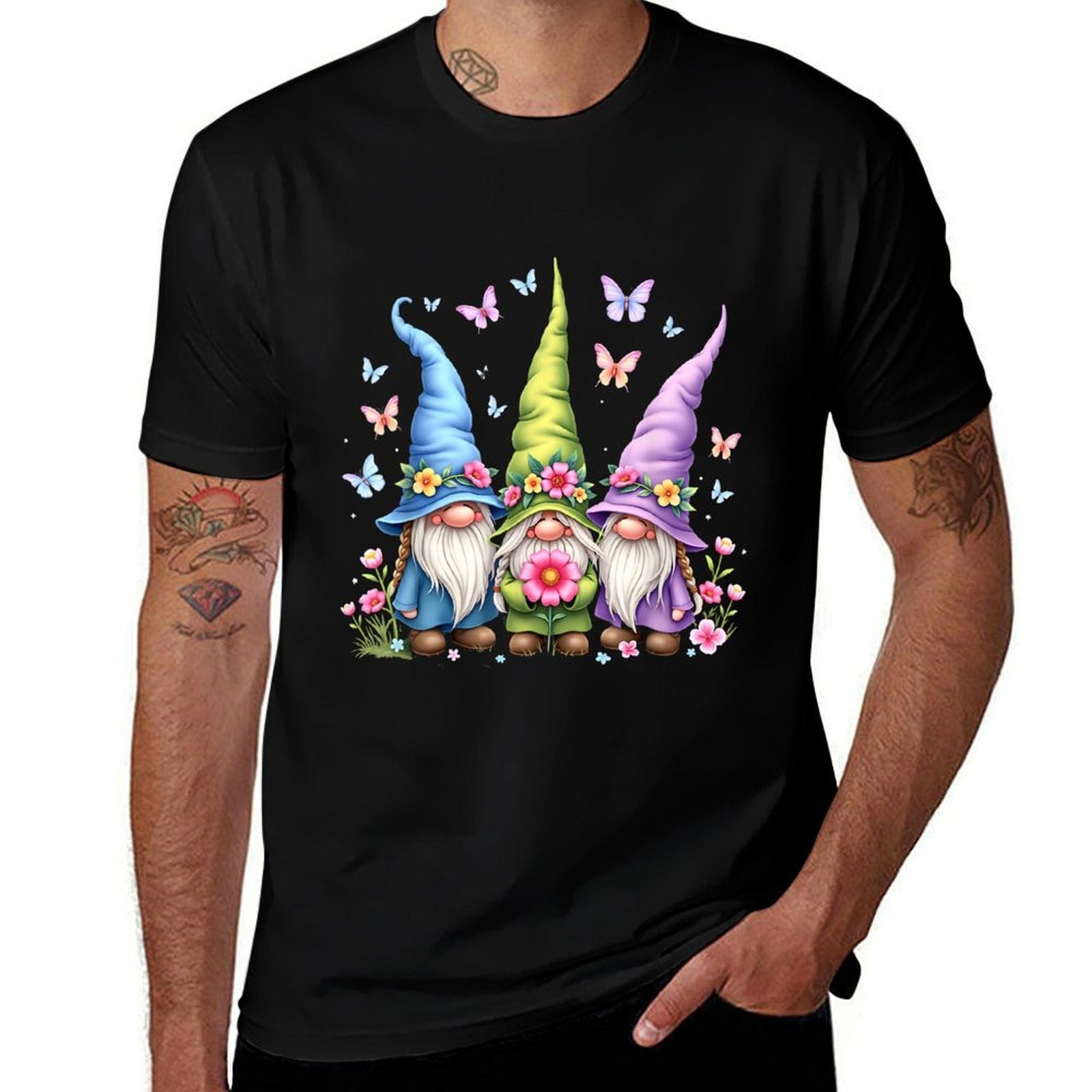 Whimsical Gnome Trio with Flowers And Butterflies  Odor-resistant T-Shirt