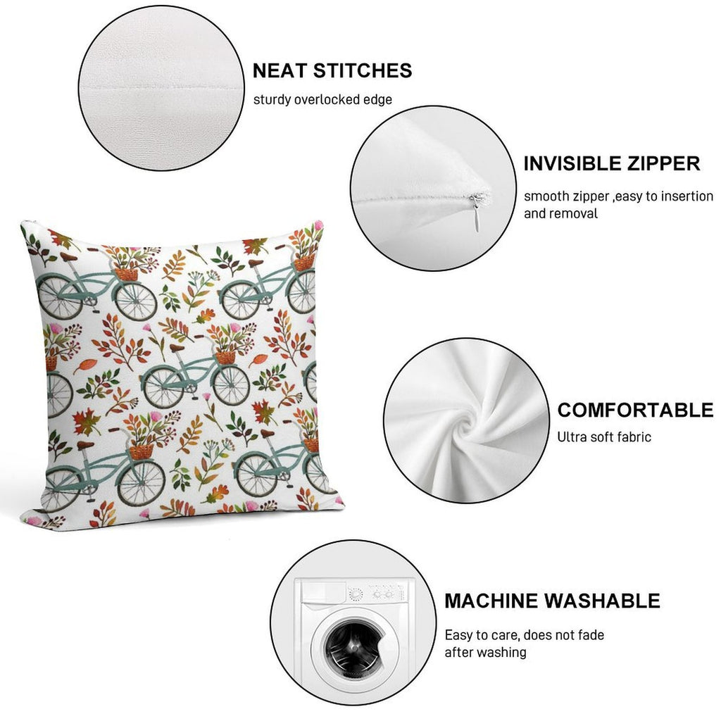 Autumn Bike Ride on White Background Soft Short Plush Fabric Throw Pillow