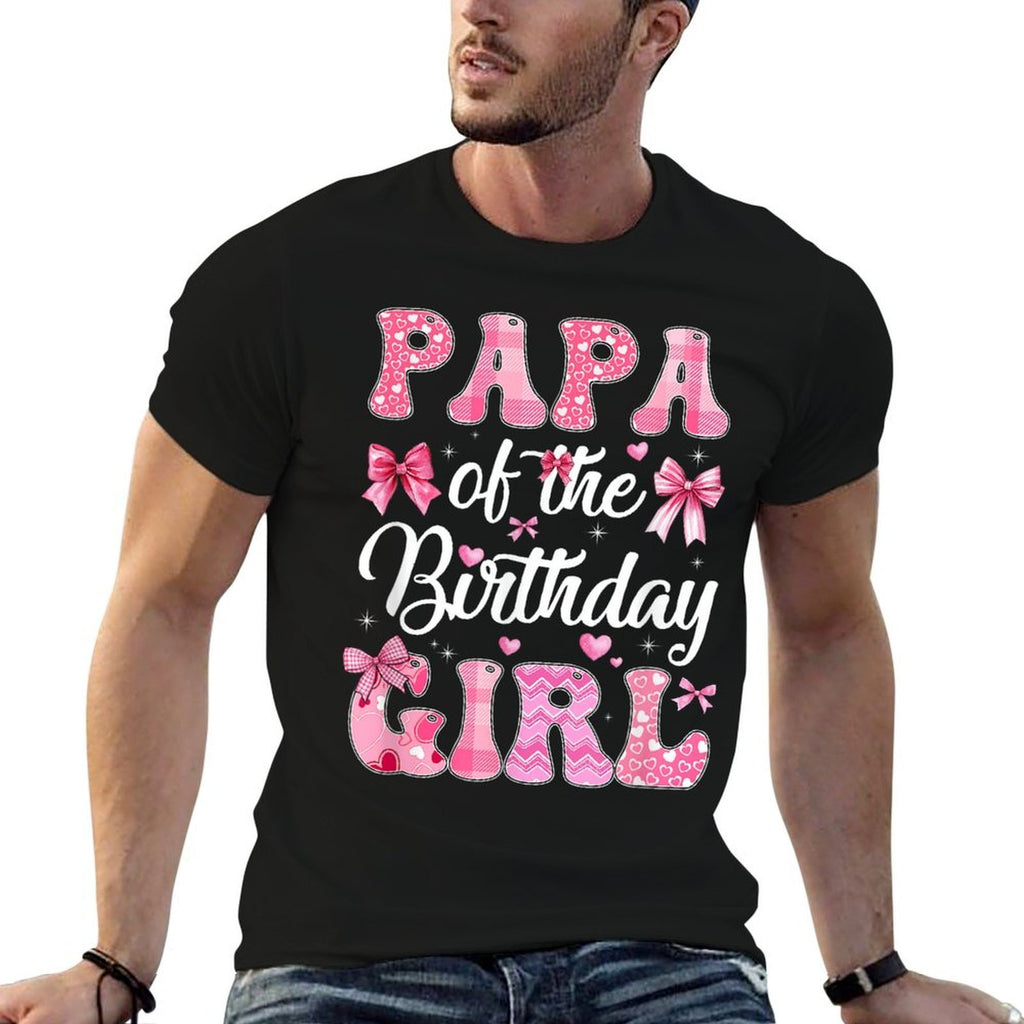 Papa Of The Birthday Girl Family Pink Coquette Bow  Ribbed Collar T-Shirt