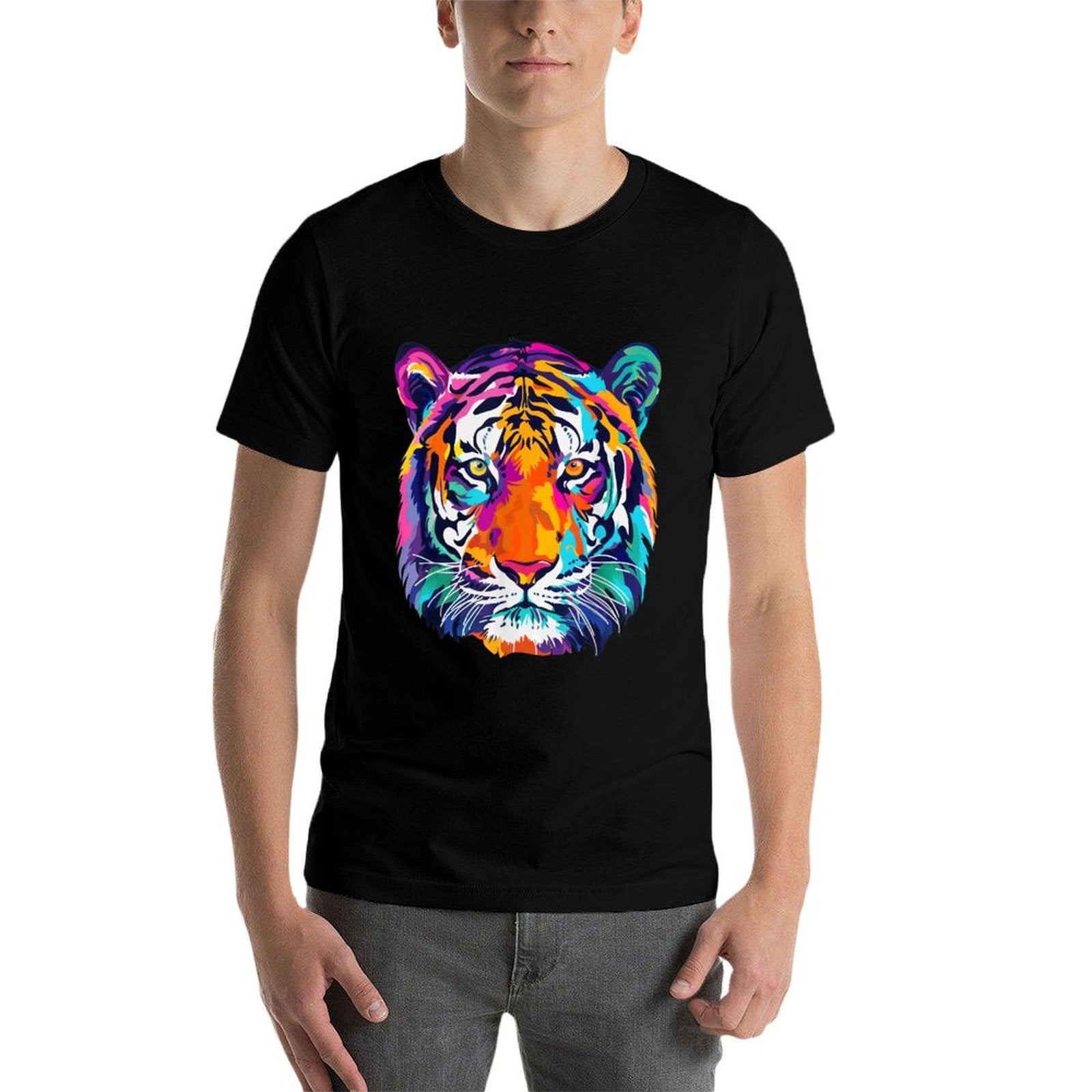Tigerco. Colorful Tiger Graphic Unisex, Black, Small,, Classic Fit  Cotton T-Shirt