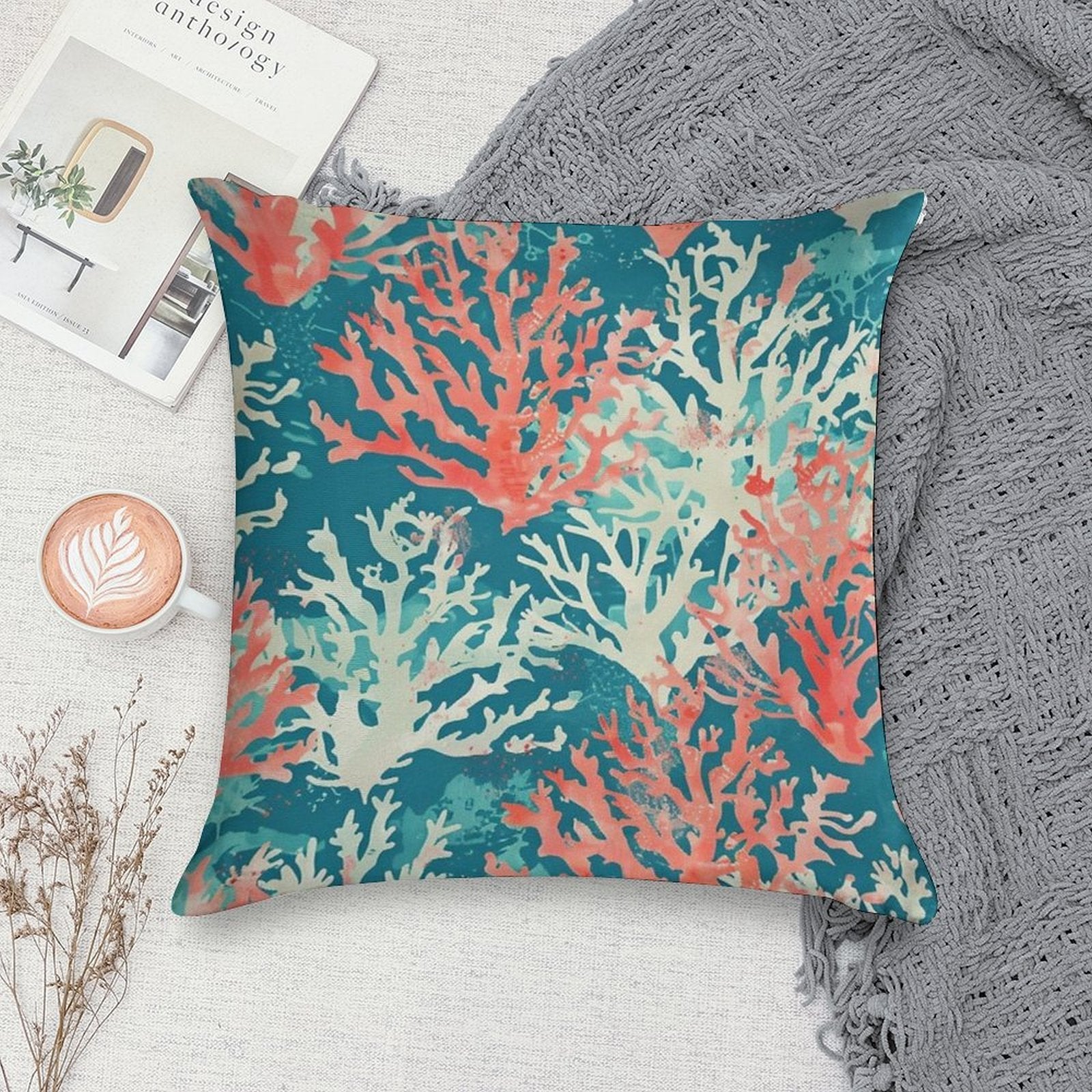 Teal Coral Reef Pattern Soft Multiple Sizes Throw Pillow