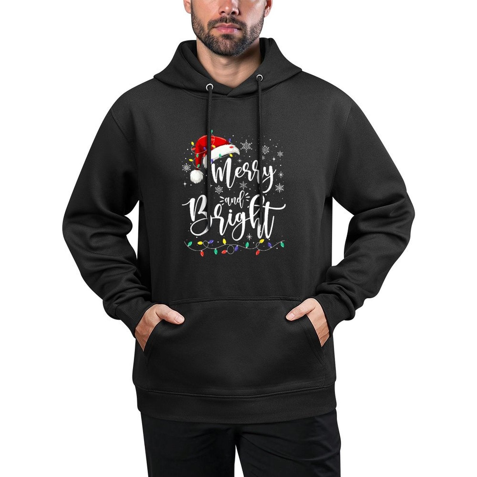 Merry And Bright Lights Red Santa Hat Xmas Family Men Women Colorfast Hoodie