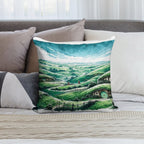 Panoramic Sumi-e Hobbiton Tranquil Fantasy Ink Landscape Soft Luxury Feel Throw Pillow