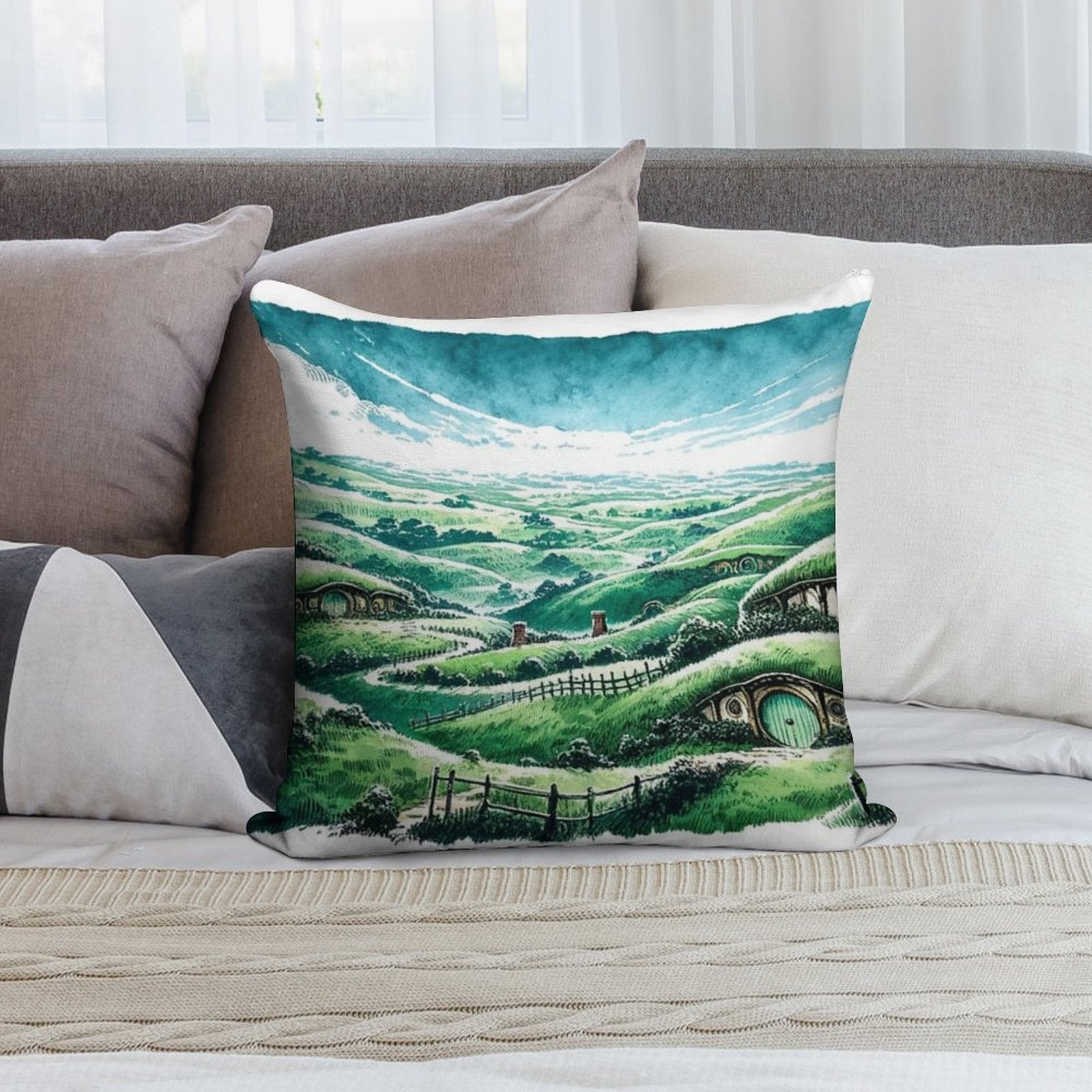 Panoramic Sumi-e Hobbiton Tranquil Fantasy Ink Landscape Soft Luxury Feel Throw Pillow