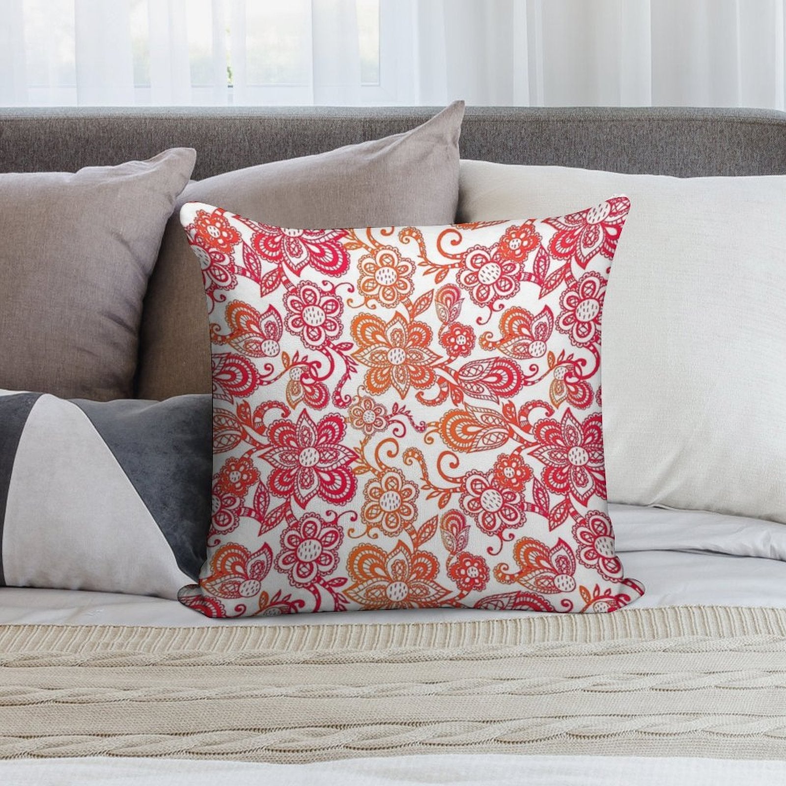 Orange And Red Paisley Pattern, Orange Paisley Floral Seamless Pattern, Orange Paisley Soft Fade-Resistant Throw Pillow