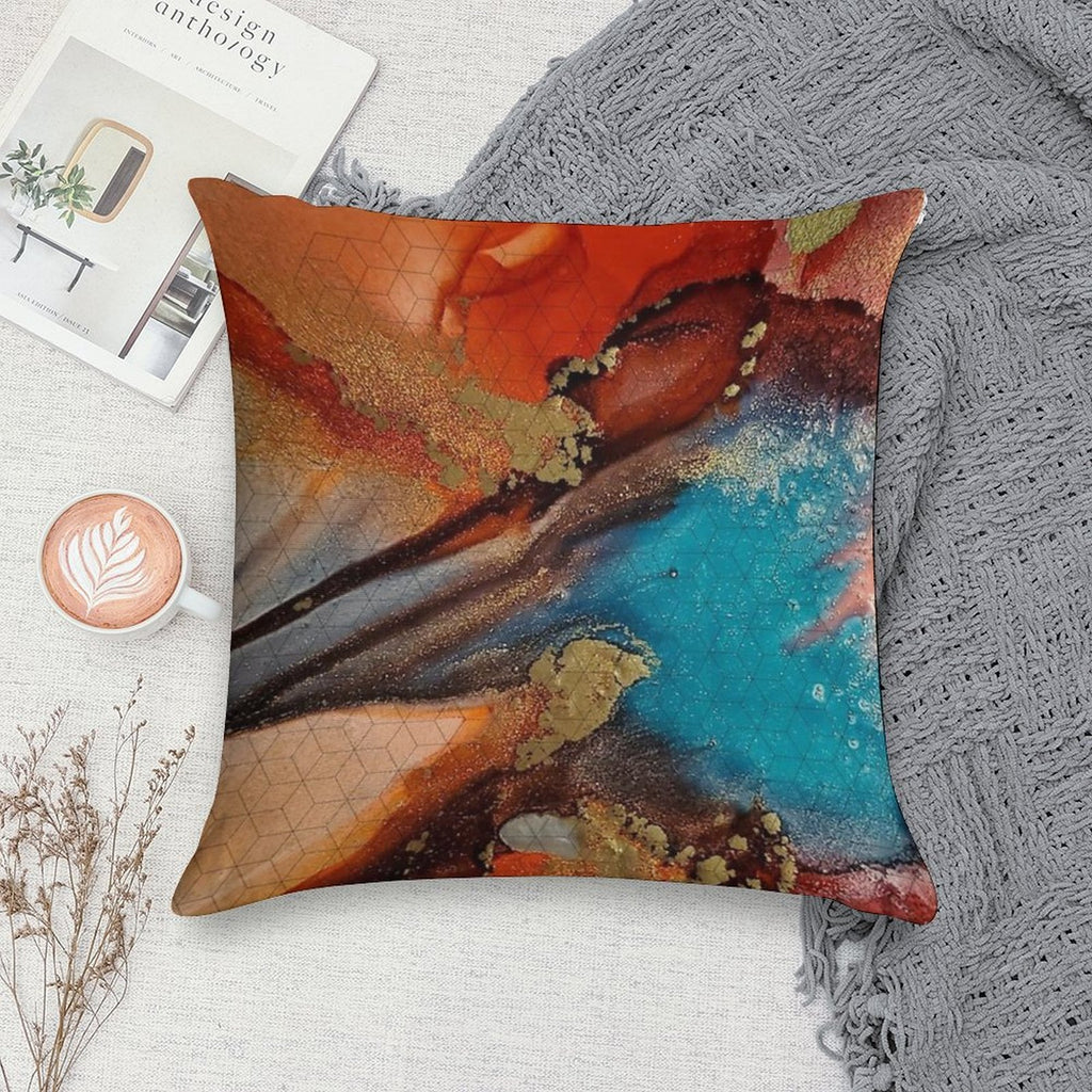 Rust, Aqua Blue, Brown & Gold Metallic  - Fluid Artist - Abstract Modern Art Alcohol Ink Painting Soft Easy Maintenance Throw Pillow