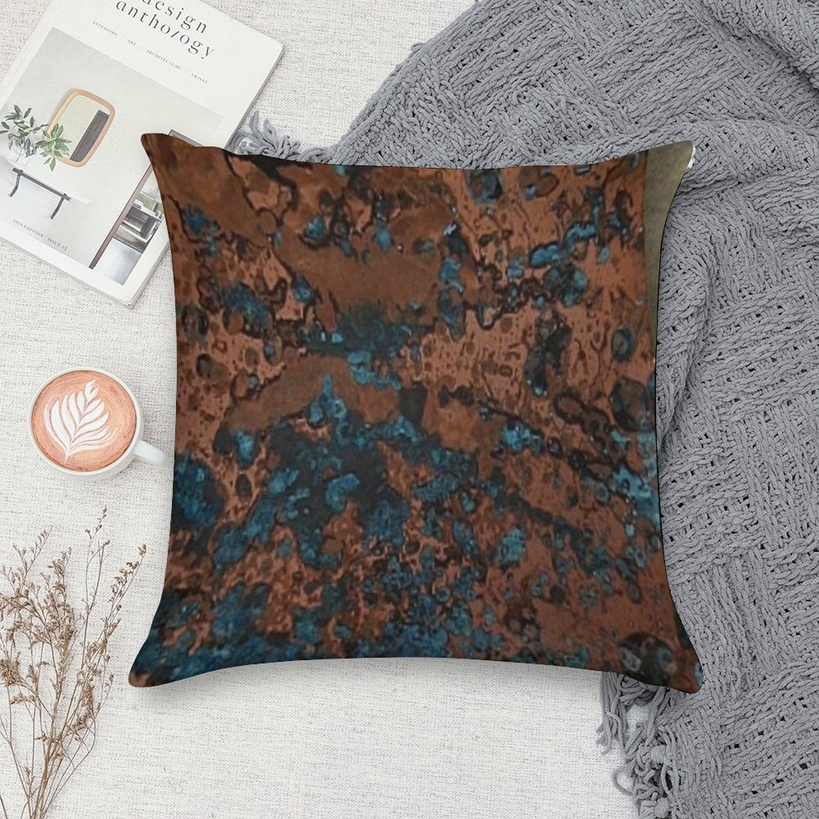 Brown Blue Copper Rust Soft Skin-Friendly Throw Pillow