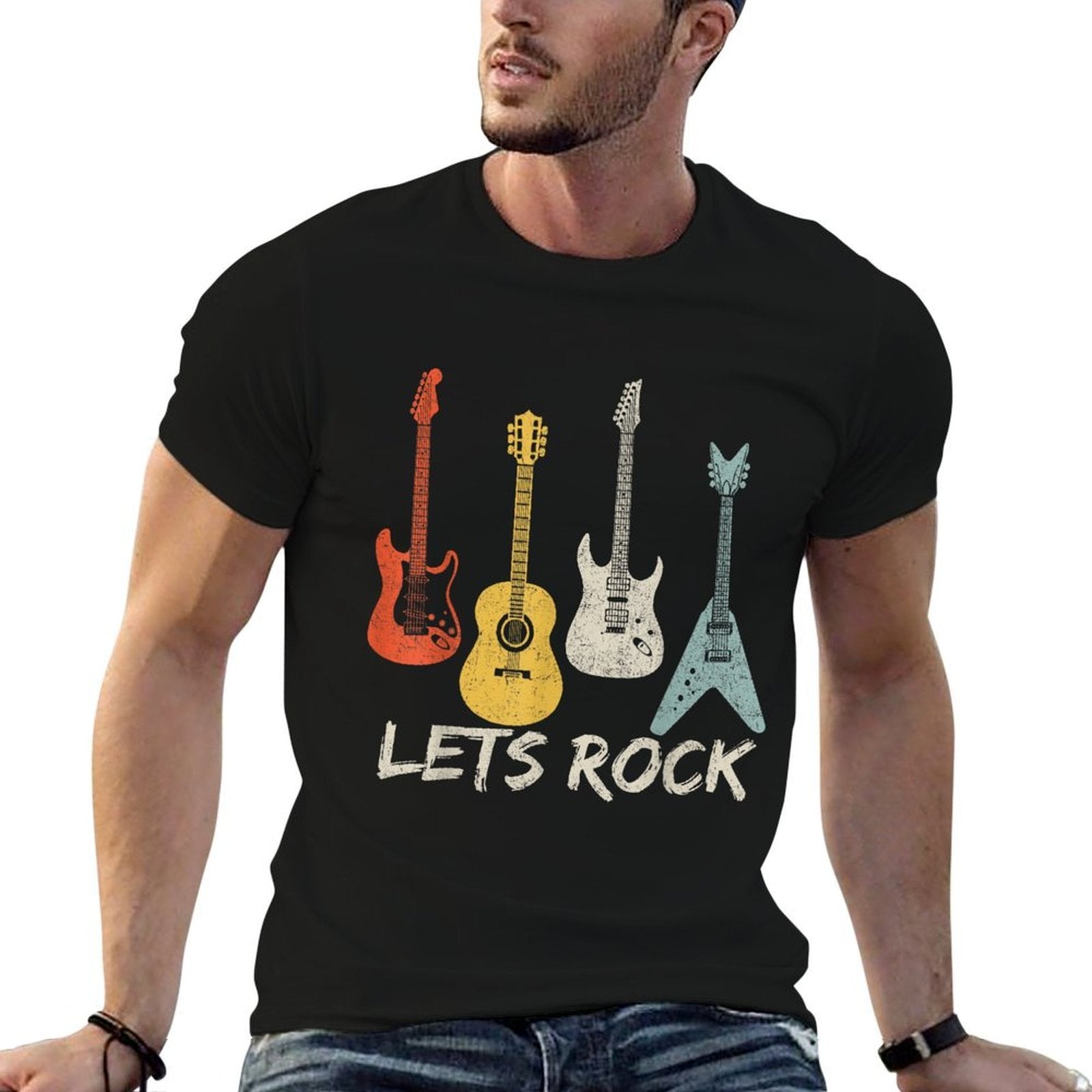 Lets Rock Rock N Roll Guitar Retro Gift Men Women  Oversized Silhouette T-Shirt