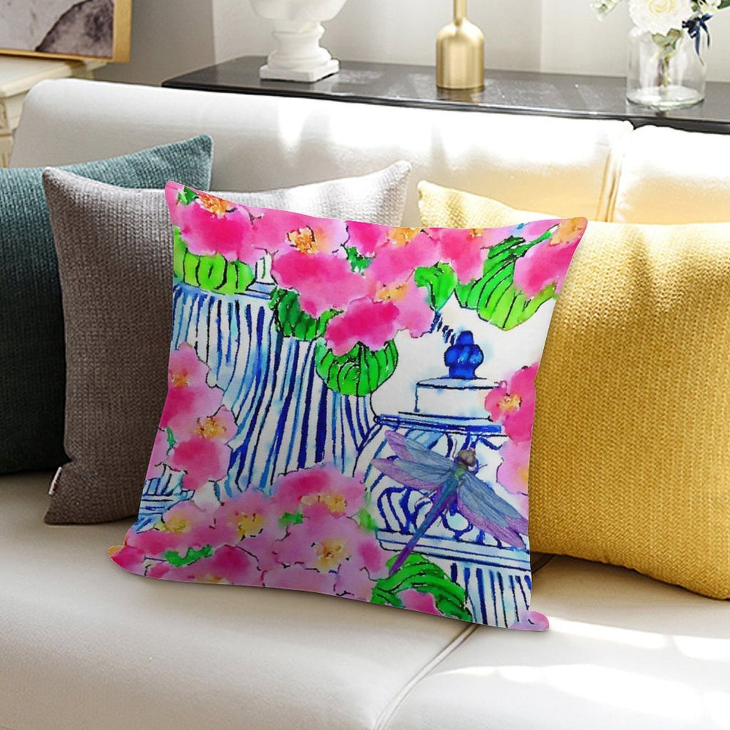 Dragonfly And Chinoiserie Jars with Pink Pansies Soft High-Density Material Throw Pillow
