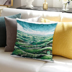 Panoramic Sumi-e Hobbiton Tranquil Fantasy Ink Landscape Soft Luxury Feel Throw Pillow