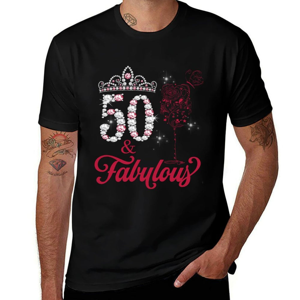 50 And Fabulous Queen Happy Birthday 50th Pink Rose Red Wine  Trendy Pattern T-Shirt