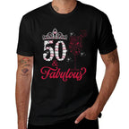 50 And Fabulous Queen Happy Birthday 50th Pink Rose Red Wine  Trendy Pattern T-Shirt