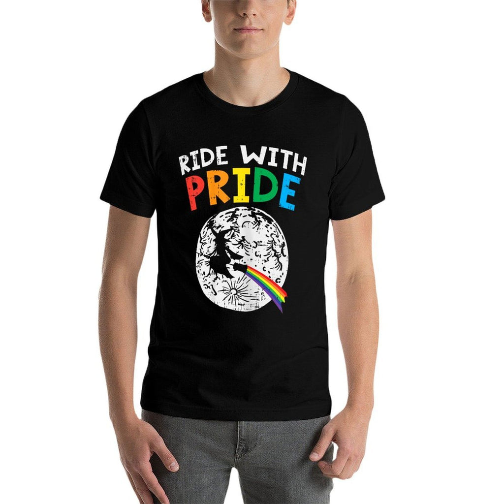 Ride With Pride LGBT Lesbian Witch Gay Rainbow Halloween  Fade-proof Color T-Shirt
