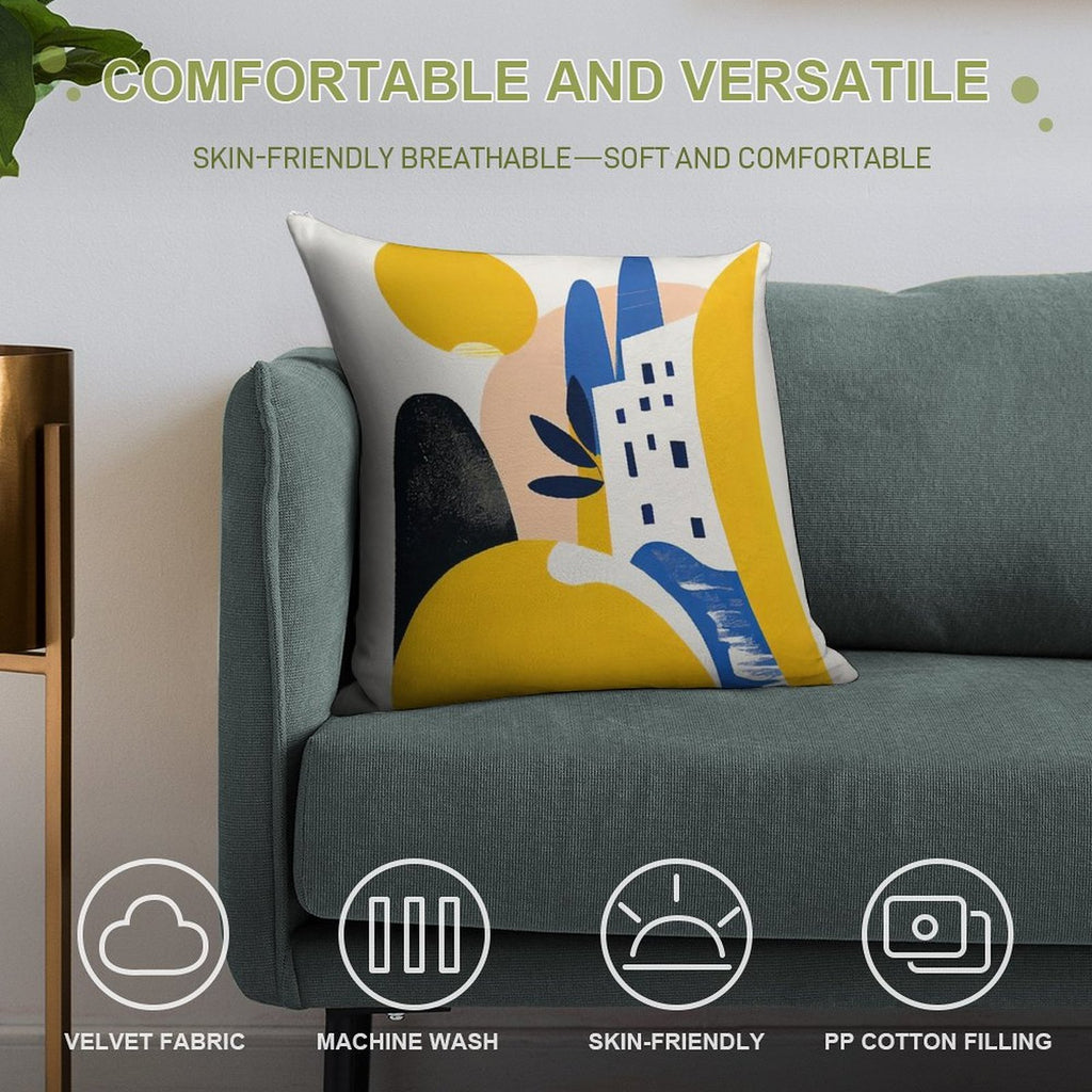 Abstract Mediterranean Desert City Yellow Blue Mid-Century Modern Boho Soft Fade-Resistant Throw Pillow