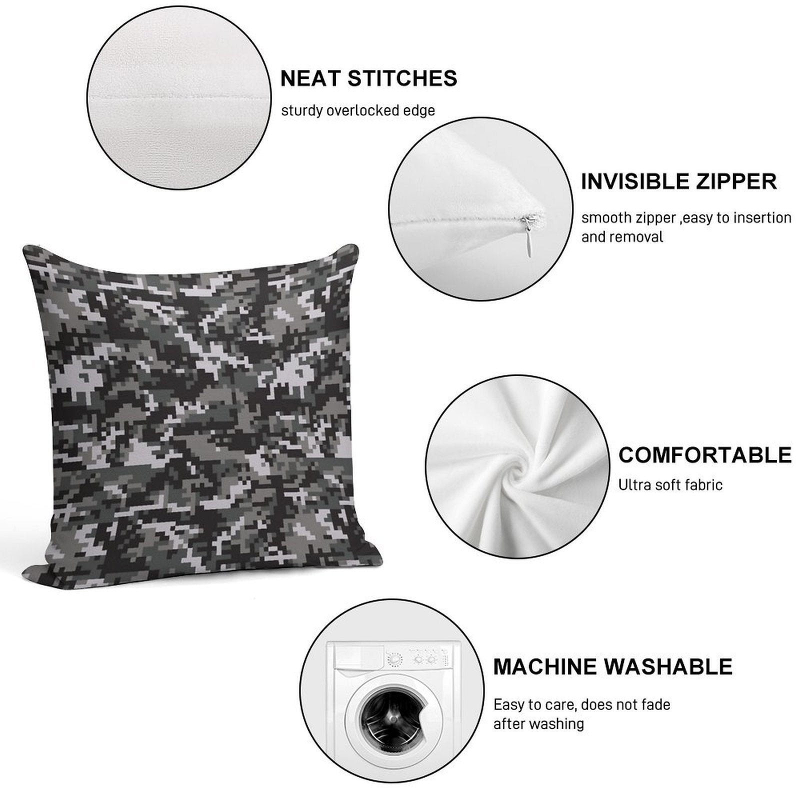 Black And Gray Digital Military Camouflage Soft Easy Maintenance Throw Pillow