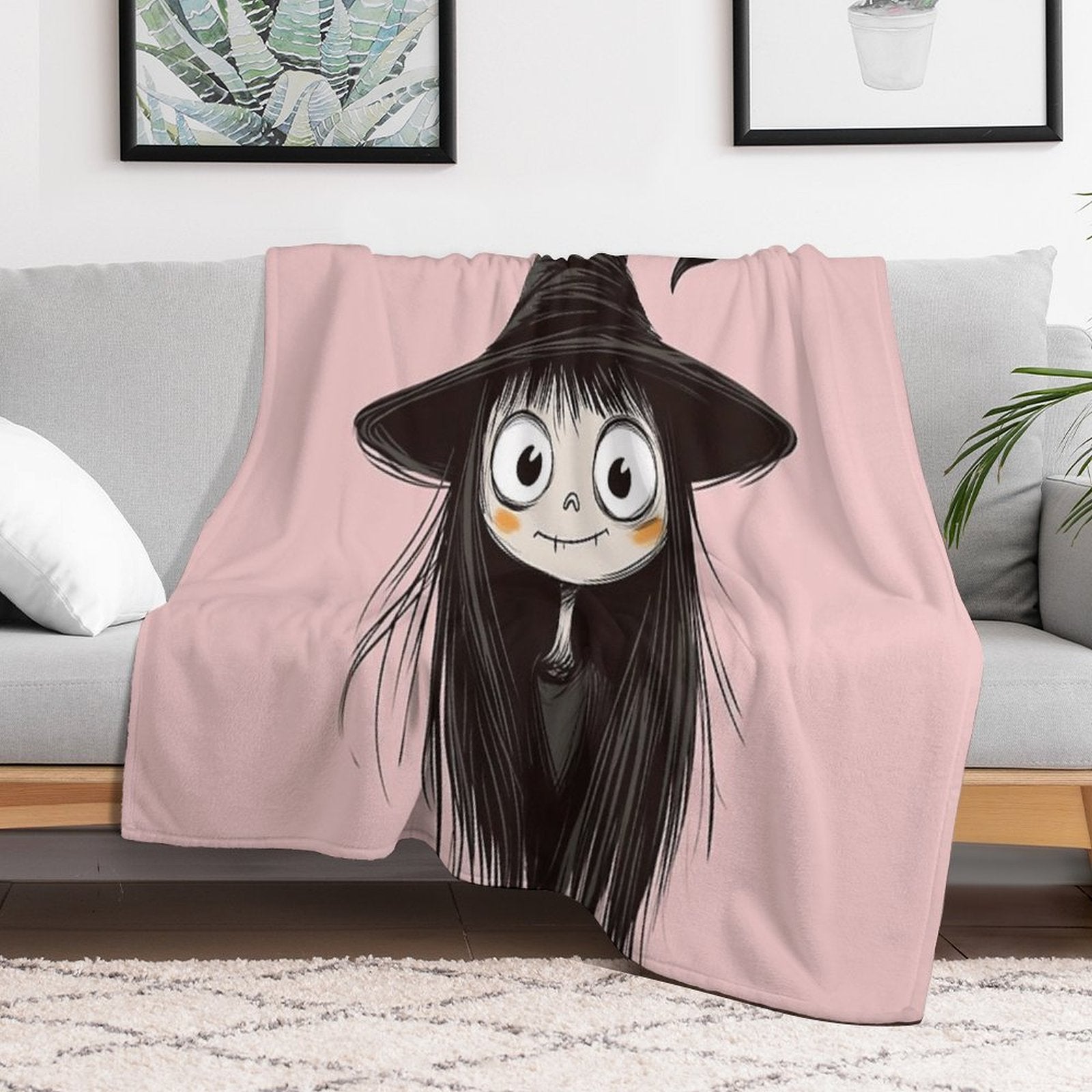 Spooky-Cute Witch in Sketch Style – Big Witch Hat & Big Eyes Travel-friendly Throw Blanket