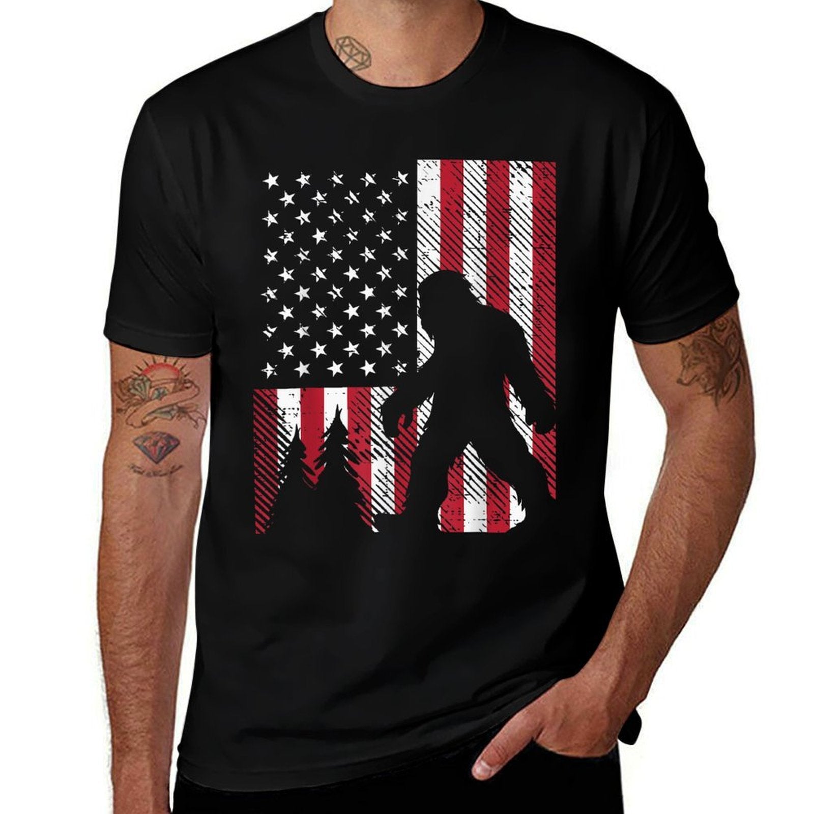4th July Bigfoot Sasquatch US Patriotic Men Women Kids  Cotton T-Shirt