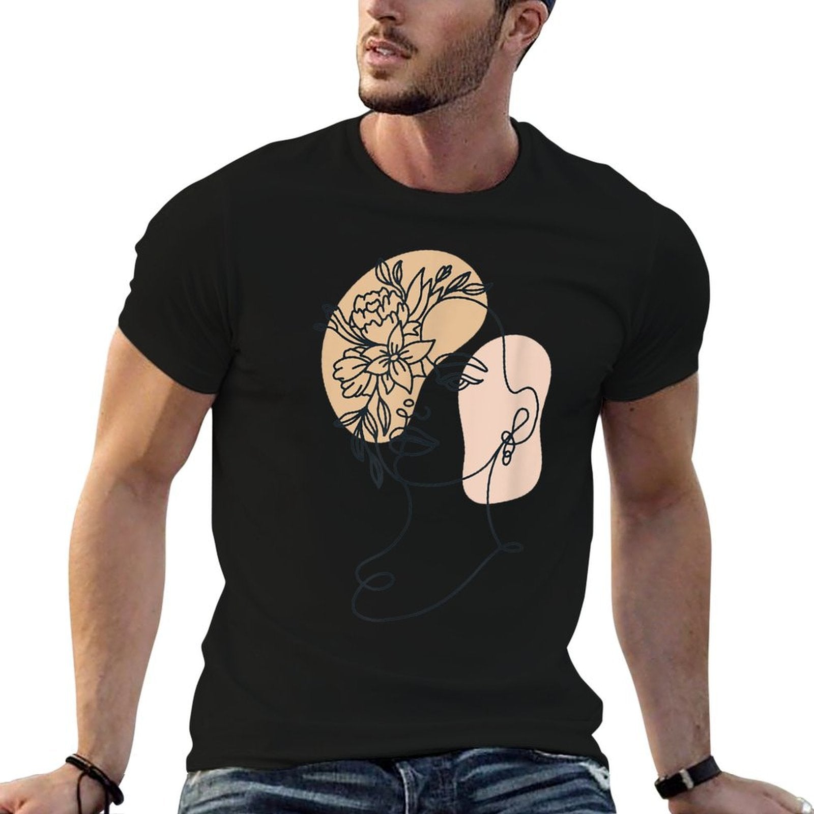 Abstract Minimalist Woman Face Line Art Floral Flower  Graphic-printed T-Shirt