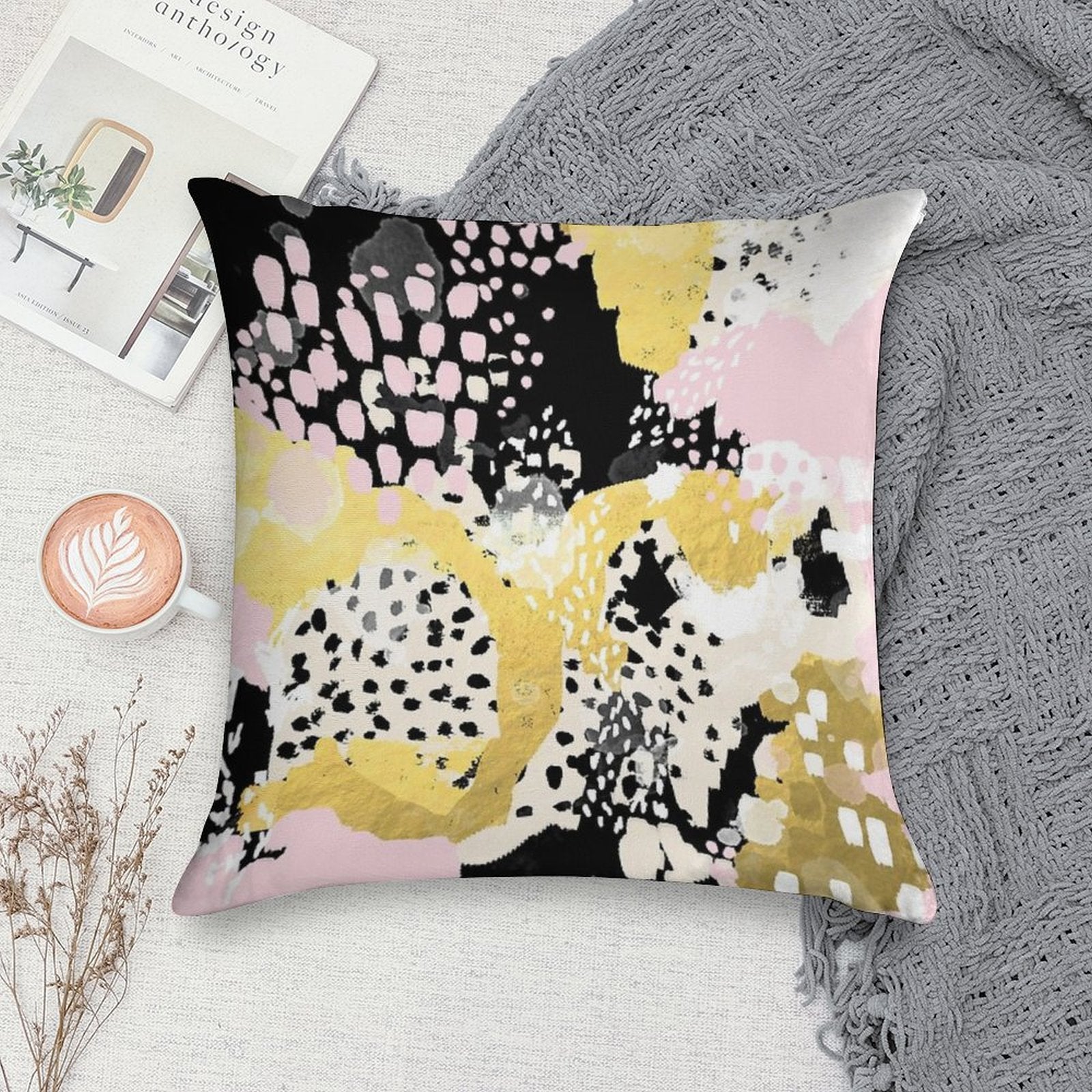 Simone - Abstract Painting Gold Foil Trendy Hipster Pastel Pink Modern Trendy Colors Decor College Soft Multiple Sizes Throw Pillow