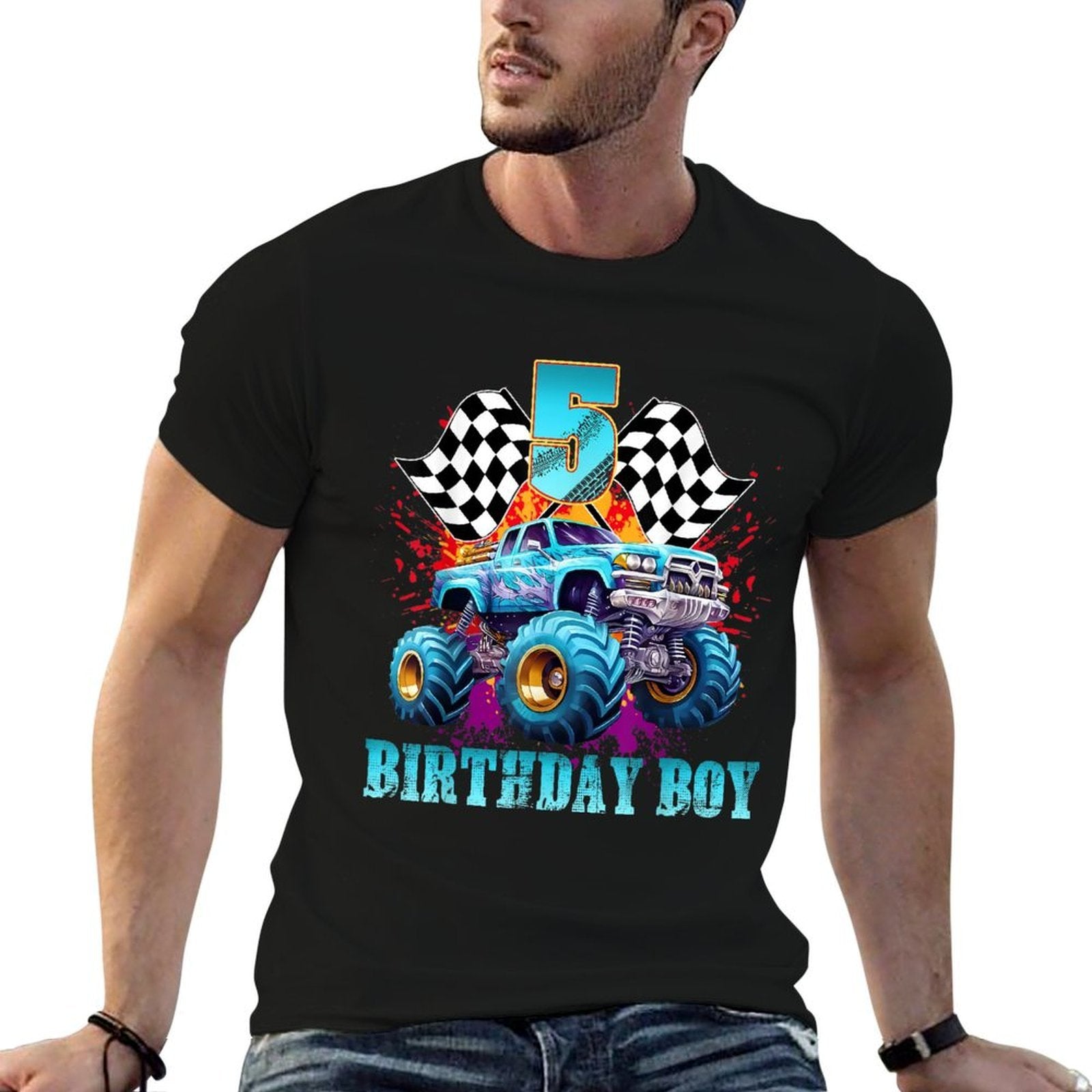 5 Year Old 5th Birthday Boys Monster Truck Car  Moisture-wicking T-Shirt