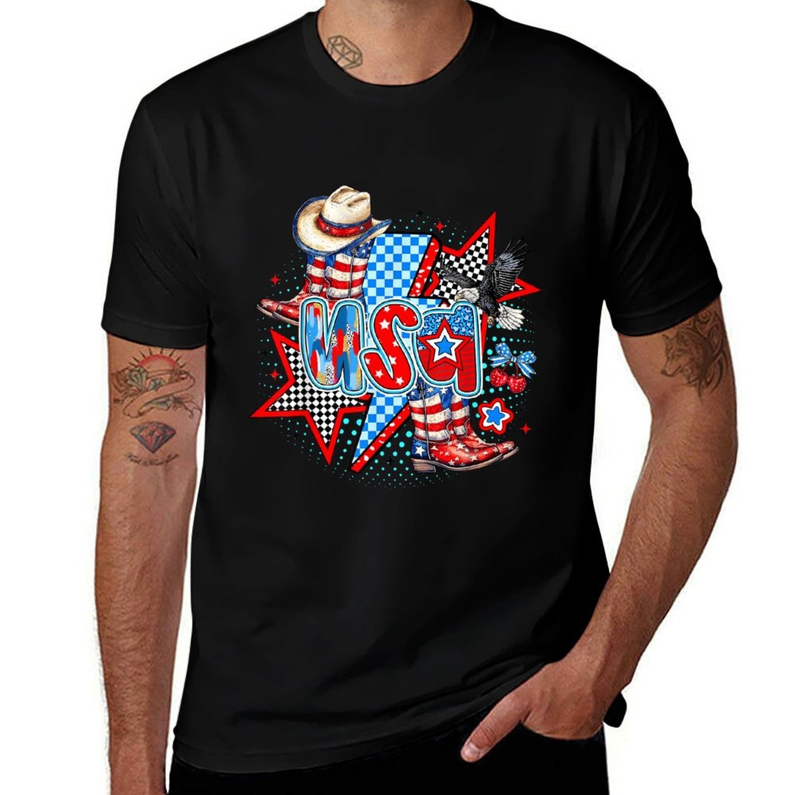 Retro USA Cowboy Boots Western Patriotic 4th of July  Vintage-inspired T-Shirt