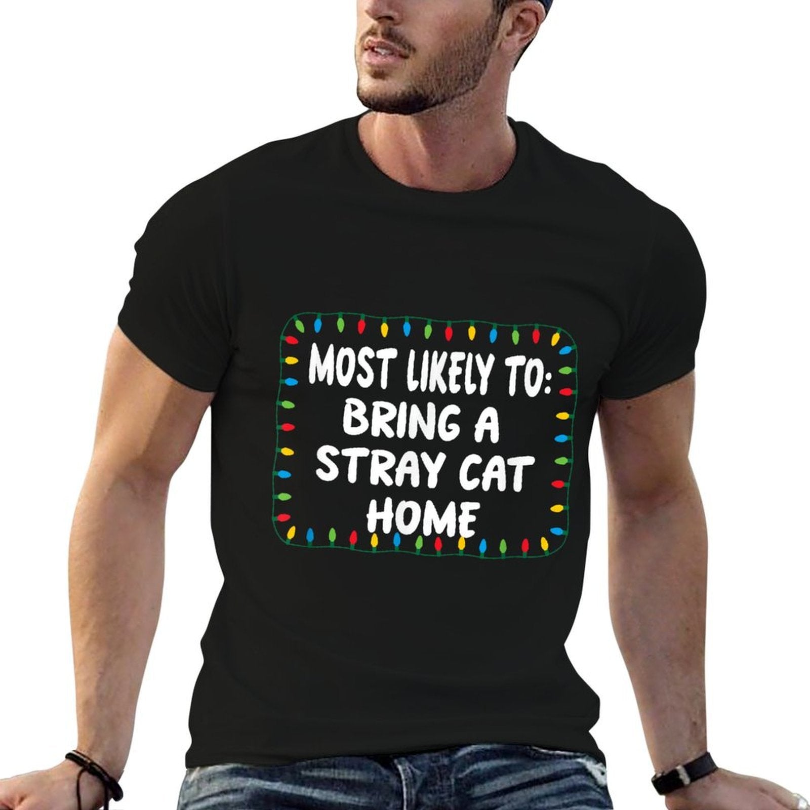 Most Likely To Bring A Stray Cat Home - Funny Xmas Lights  Ribbed Collar T-Shirt