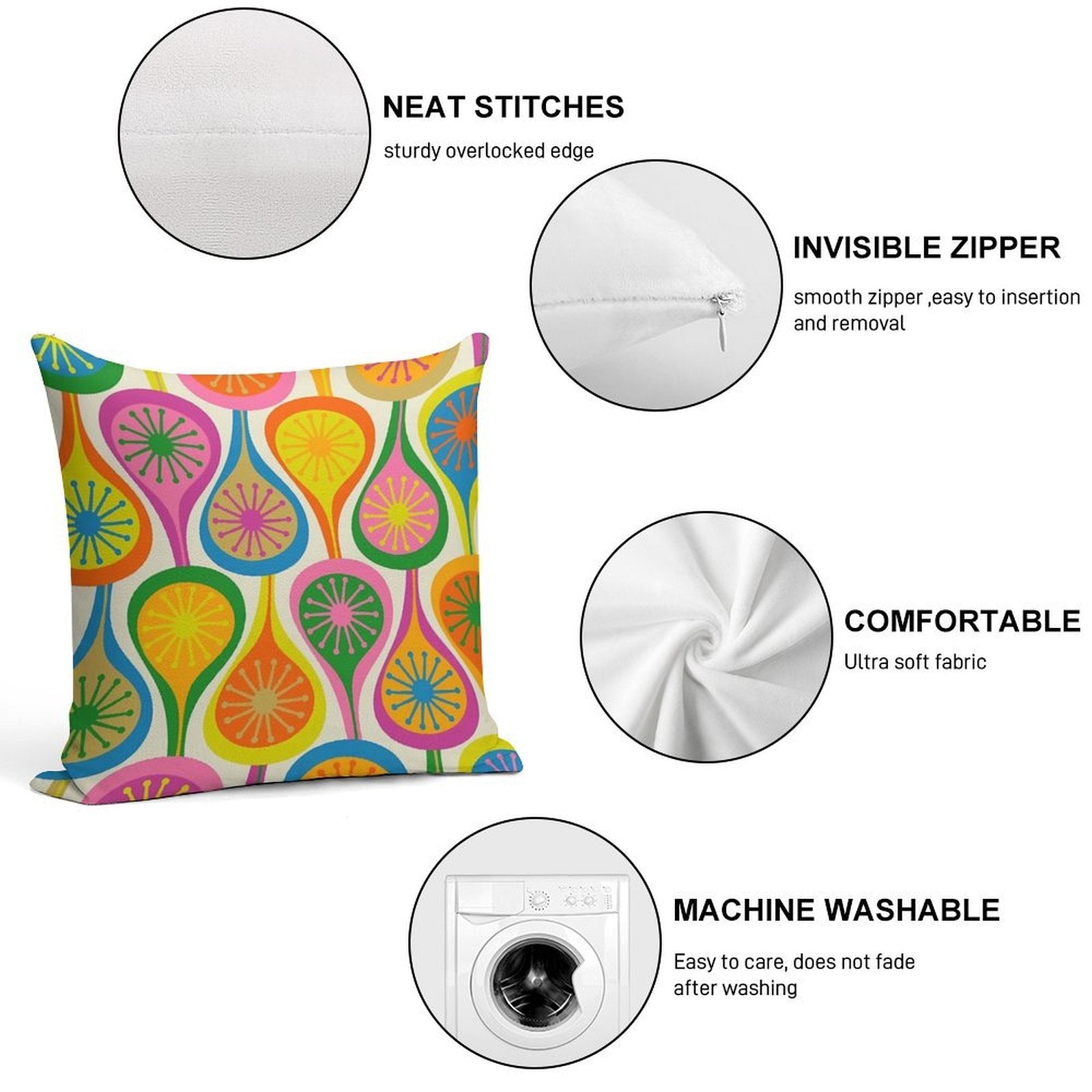 Colorful And Bright Mid Century Modern Atomic Drops Retro Pattern Soft Gift Ready Throw Pillow