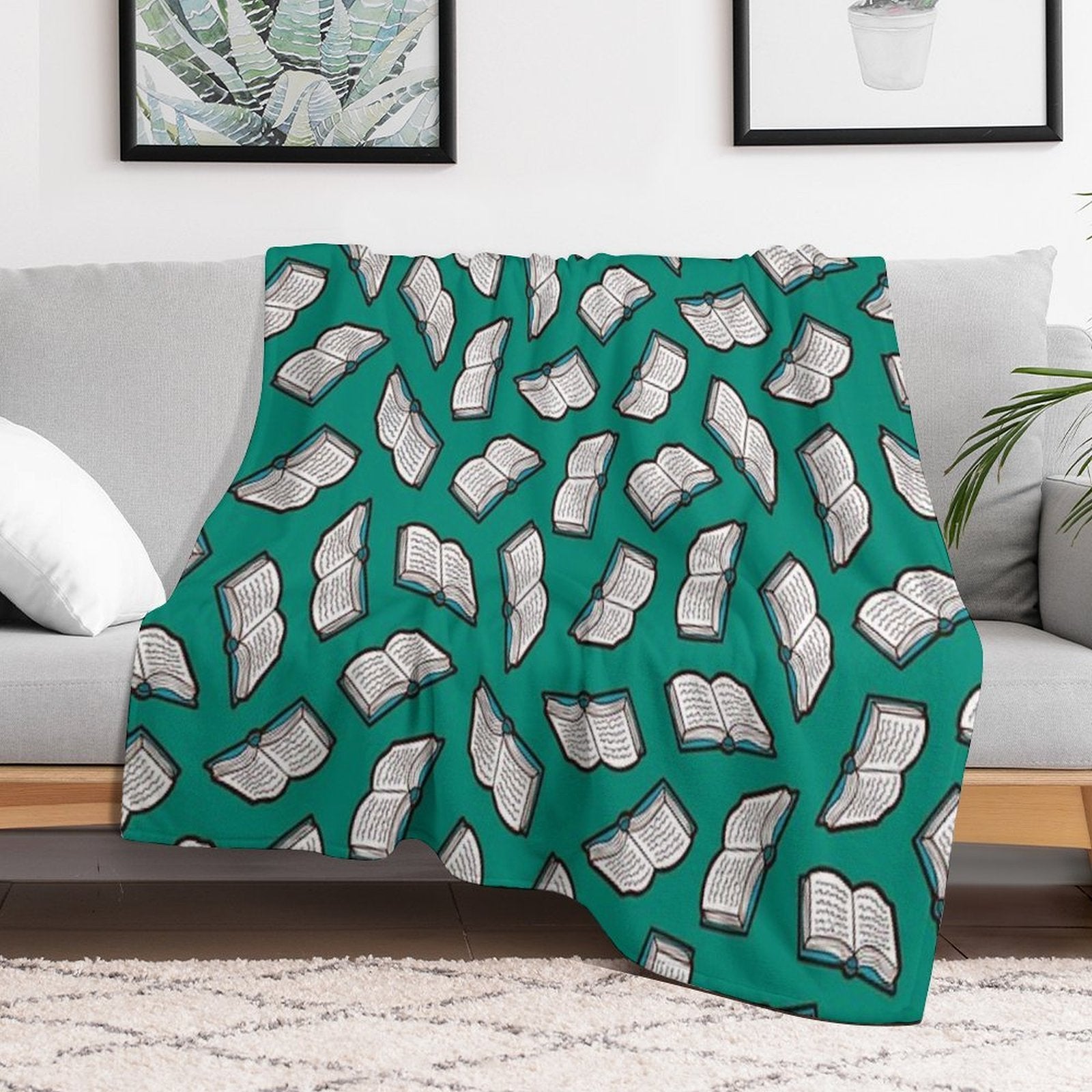 Bookish Reading Pattern in Jade Sustainable Throw Blanket