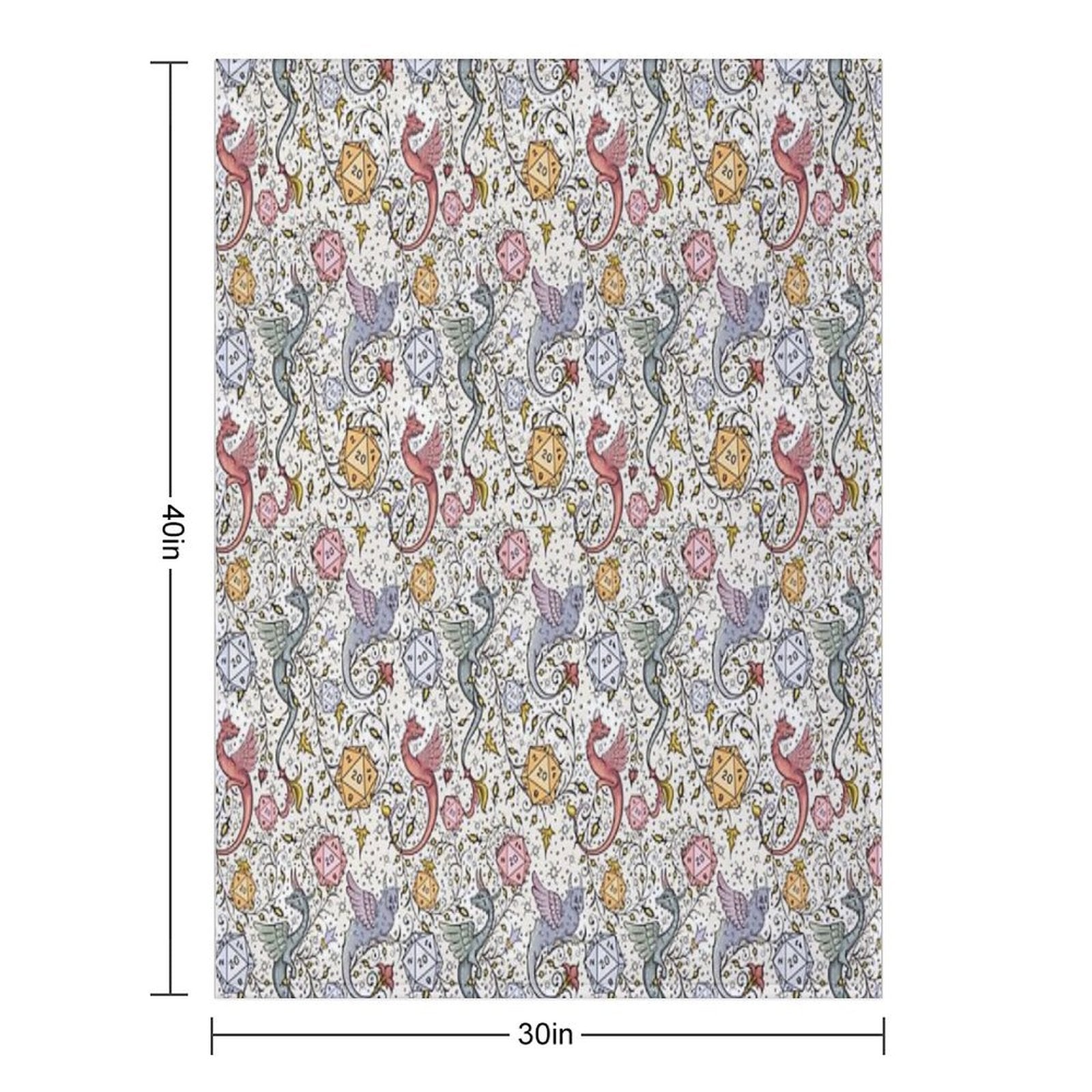 VINTAGE MEDIEVAL DRAGON AND D20 DICE, Dnd Pattern, Floral, Blue, Yellow, Pink Durable Throw Blanket