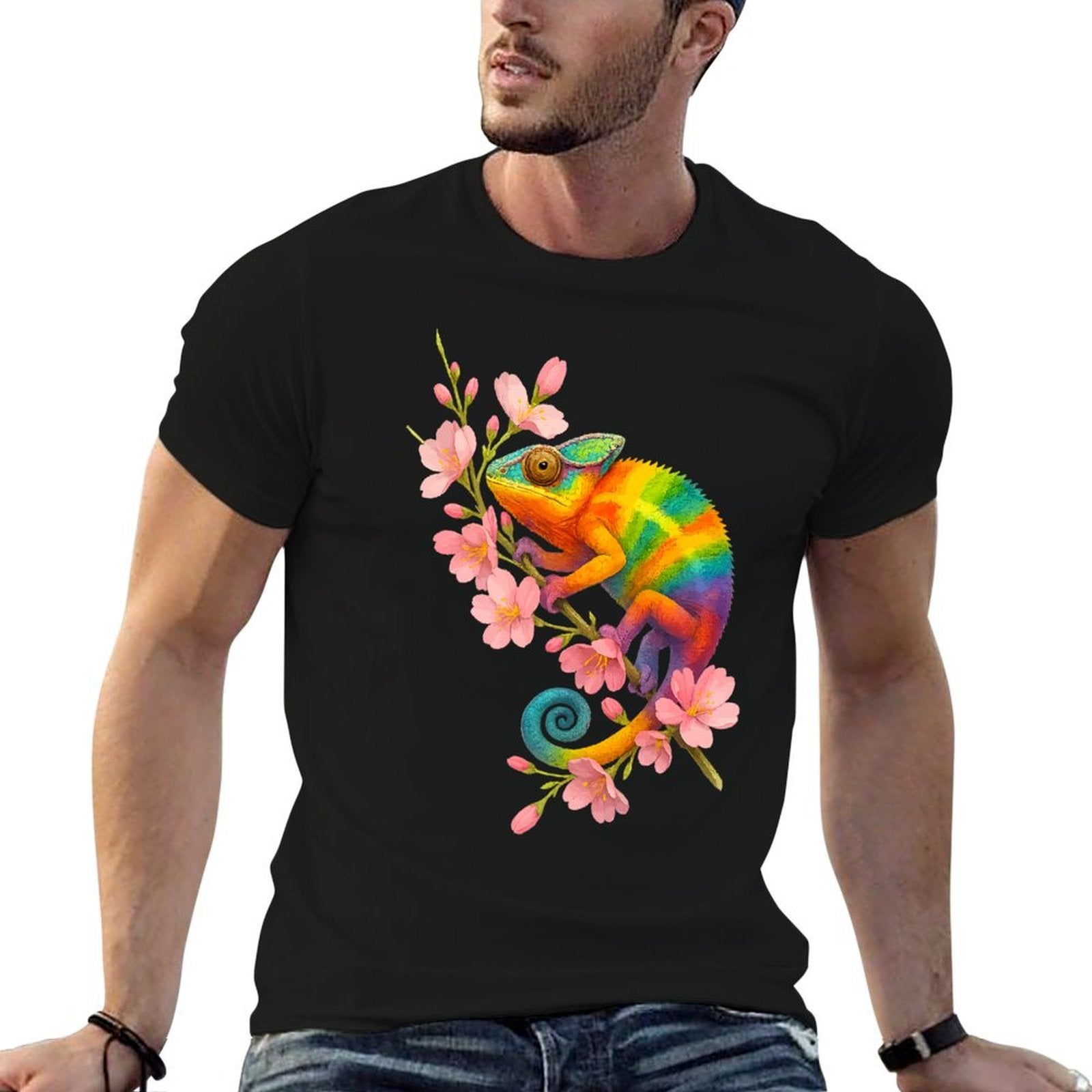 Rainbow Chameleon Colorful Reptile Art with Floral Branch Premium  Oversized Silhouette T-Shirt