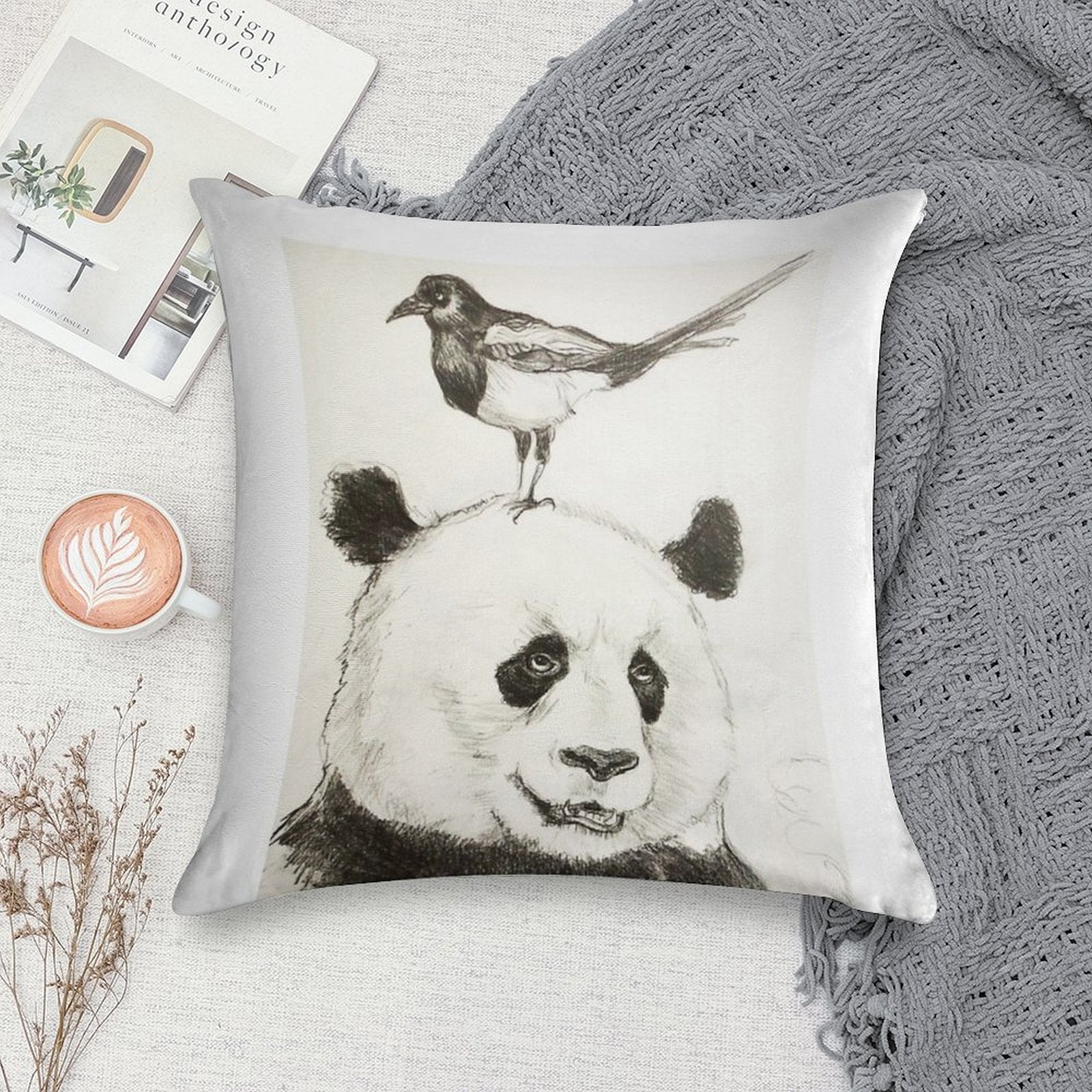 Panda And The Magpie Soft Shrink-Resistant Throw Pillow