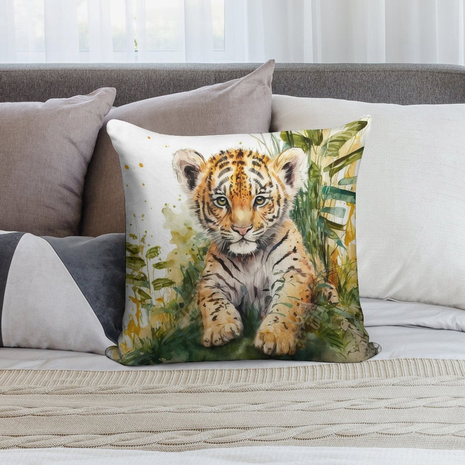 Watercolor Cute Baby Tiger Portrait, Little Tiger Cub in A Jungle Soft Warmth Comfort Throw Pillow
