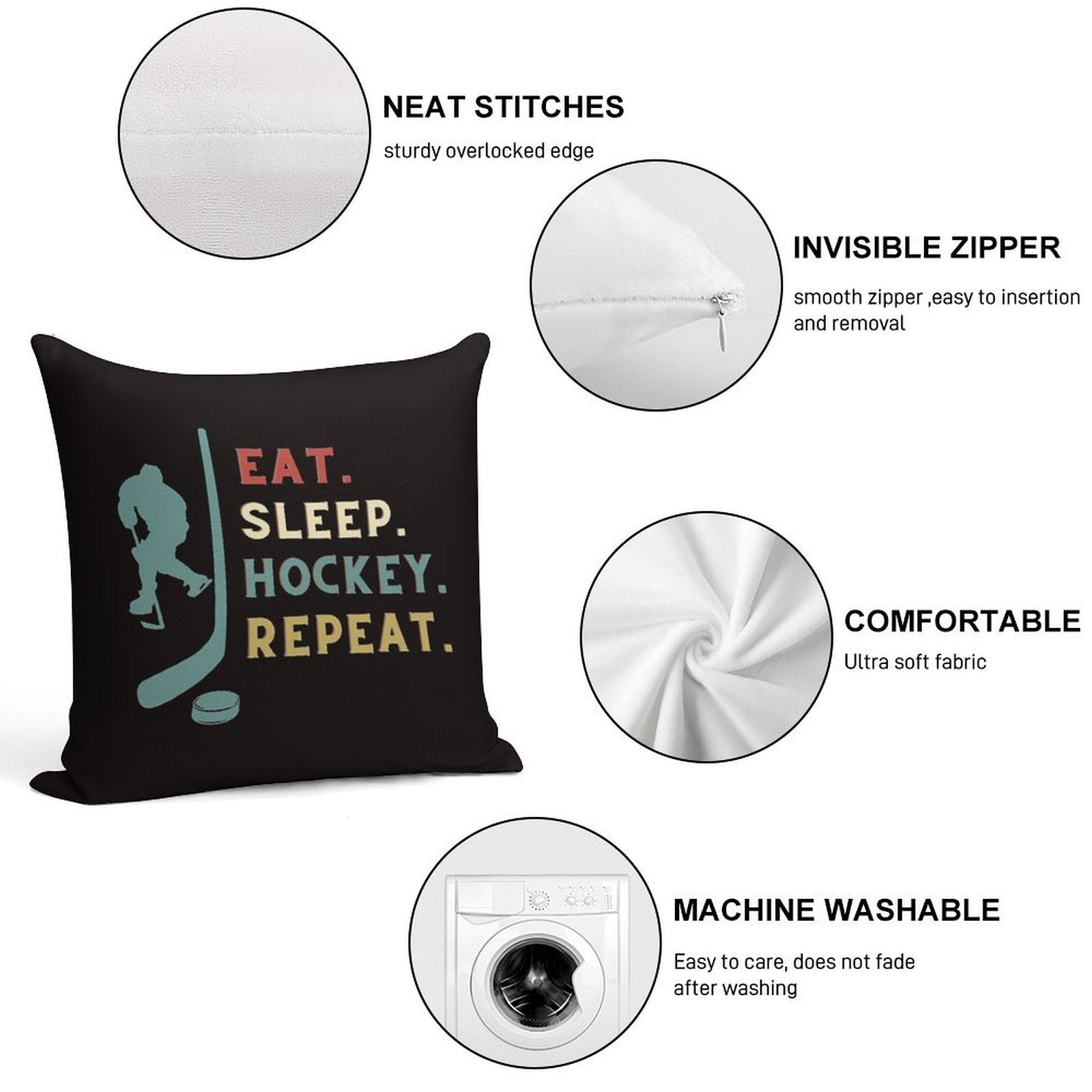 Eat Sleep Hockey Repeat Soft Durable Construction Throw Pillow