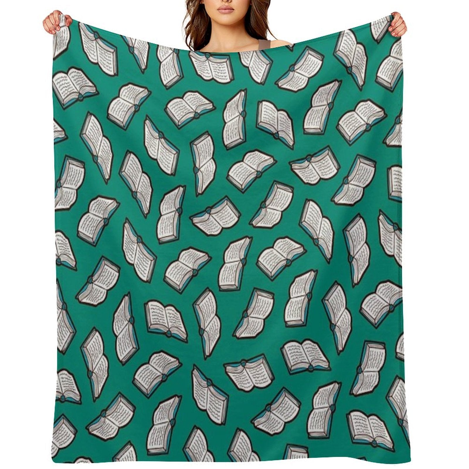 Bookish Reading Pattern in Jade Sustainable Throw Blanket
