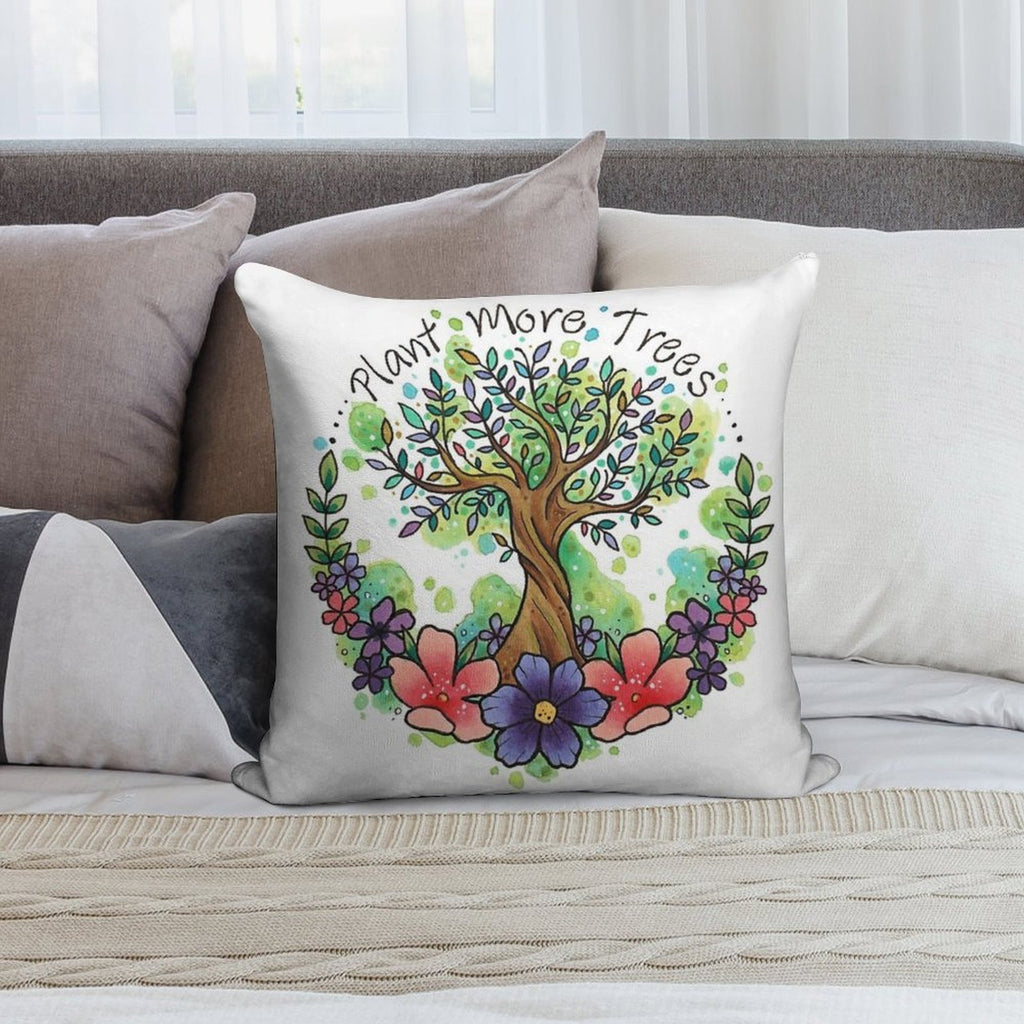 Green Trees And Flowers Eco Design Soft Reinforced Edging Throw Pillow