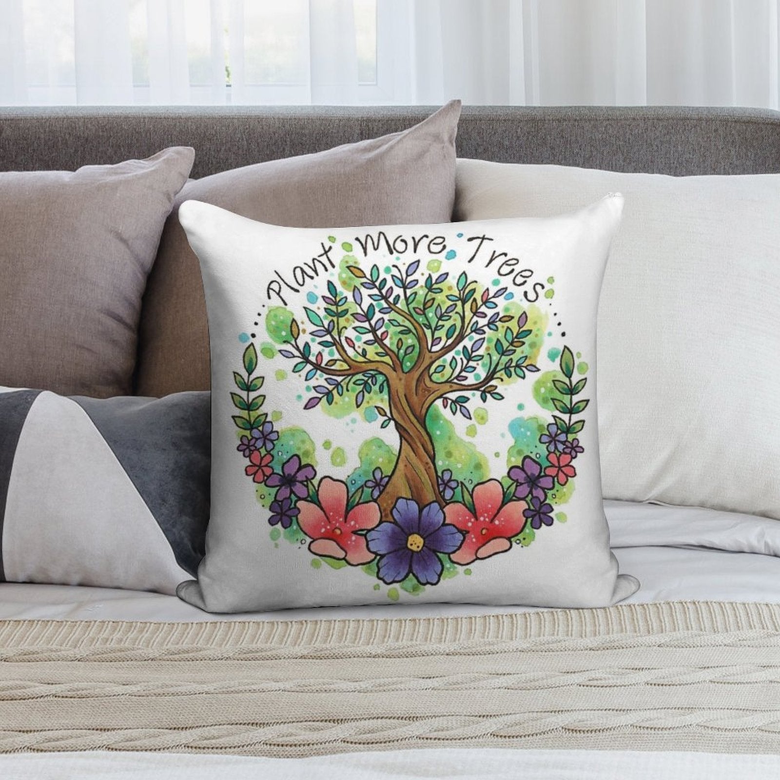 Green Trees And Flowers Eco Design Soft Reinforced Edging Throw Pillow