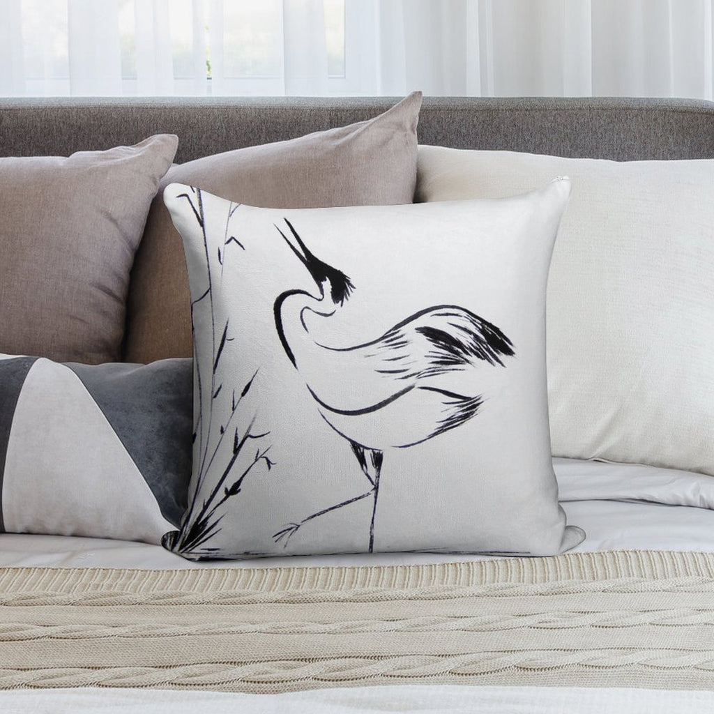 Crane in Water Looking Up  Minimalist Line Drawing  Cranes Zen Art Soft Decorative Cover Throw Pillow