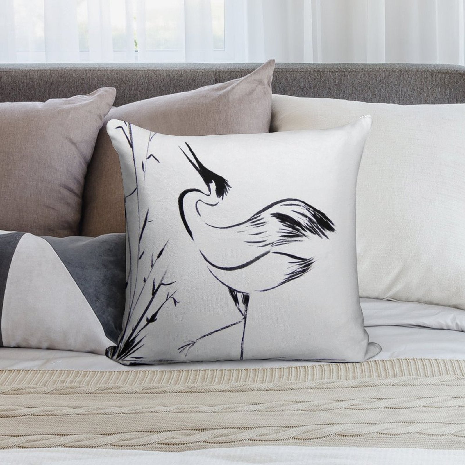 Crane in Water Looking Up  Minimalist Line Drawing  Cranes Zen Art Soft Decorative Cover Throw Pillow